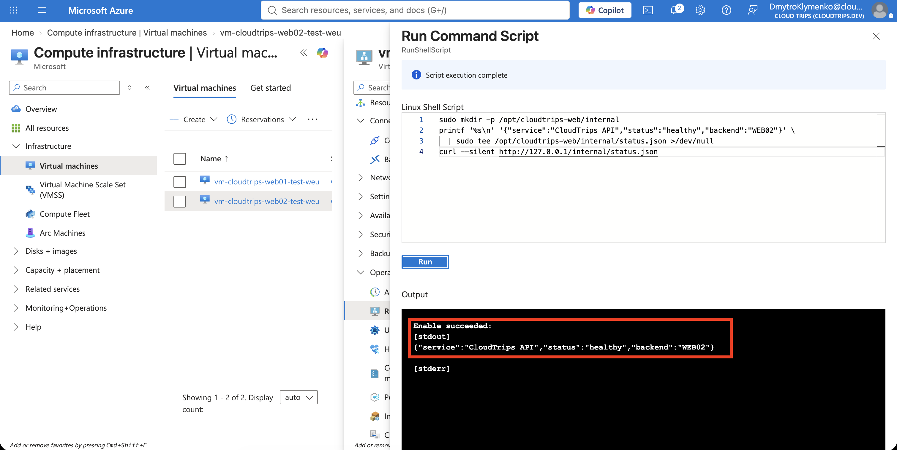 Azure VM Run command output showing the internal CloudTrips API health response on WEB02