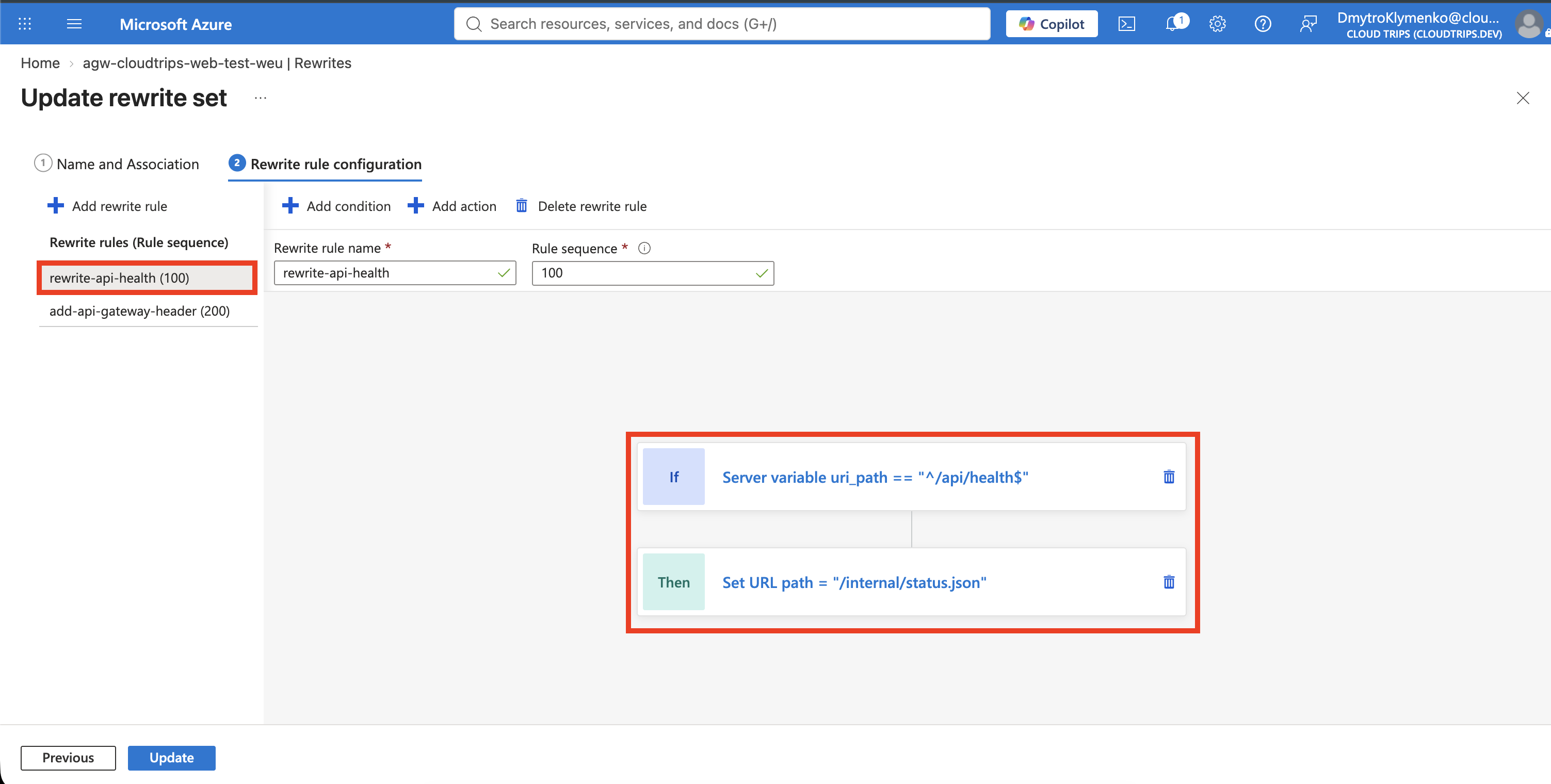 First rule in the Application Gateway rewrite set showing the API health condition and internal URL path action