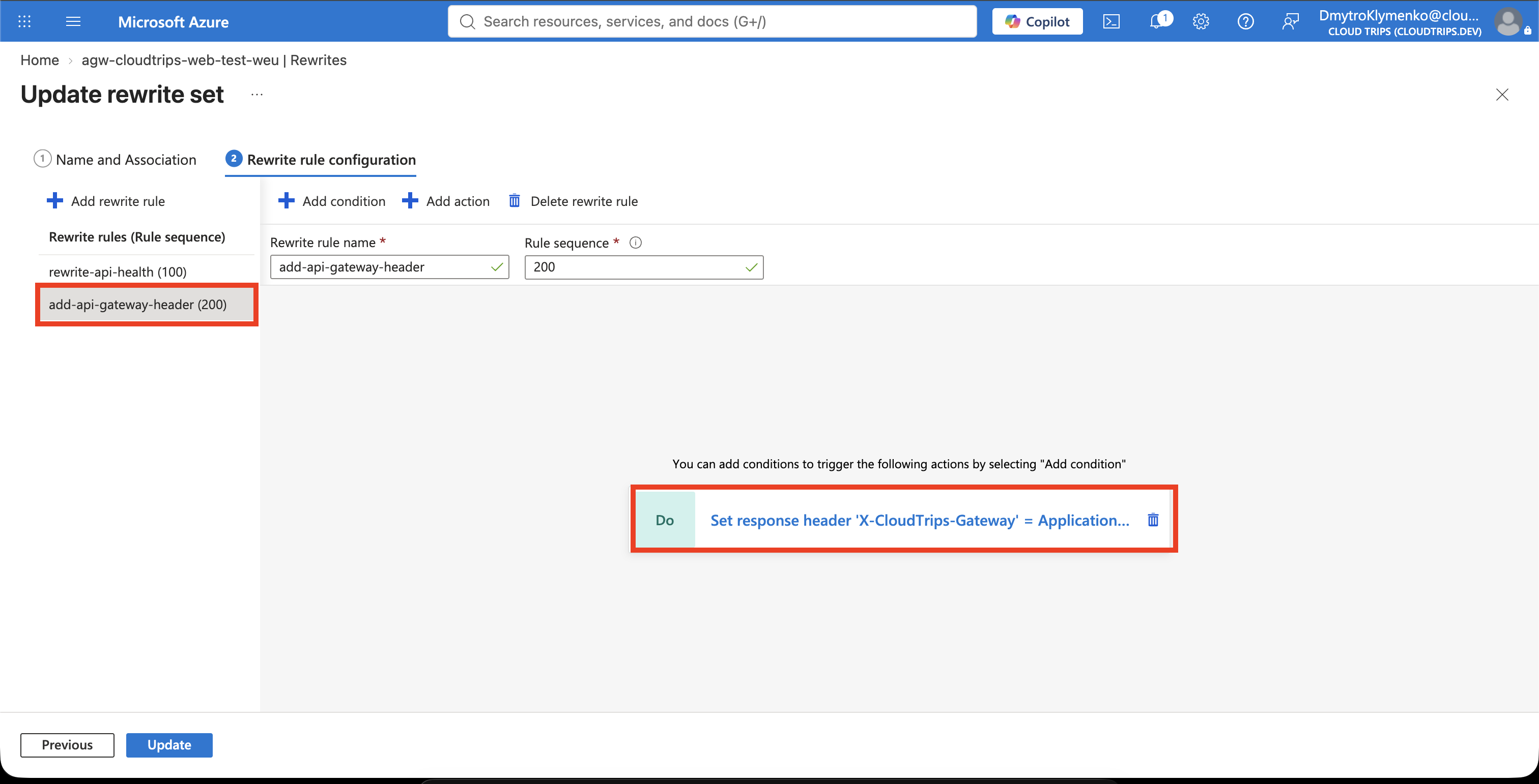 Second rule in the same Application Gateway rewrite set showing the separate API response-header action
