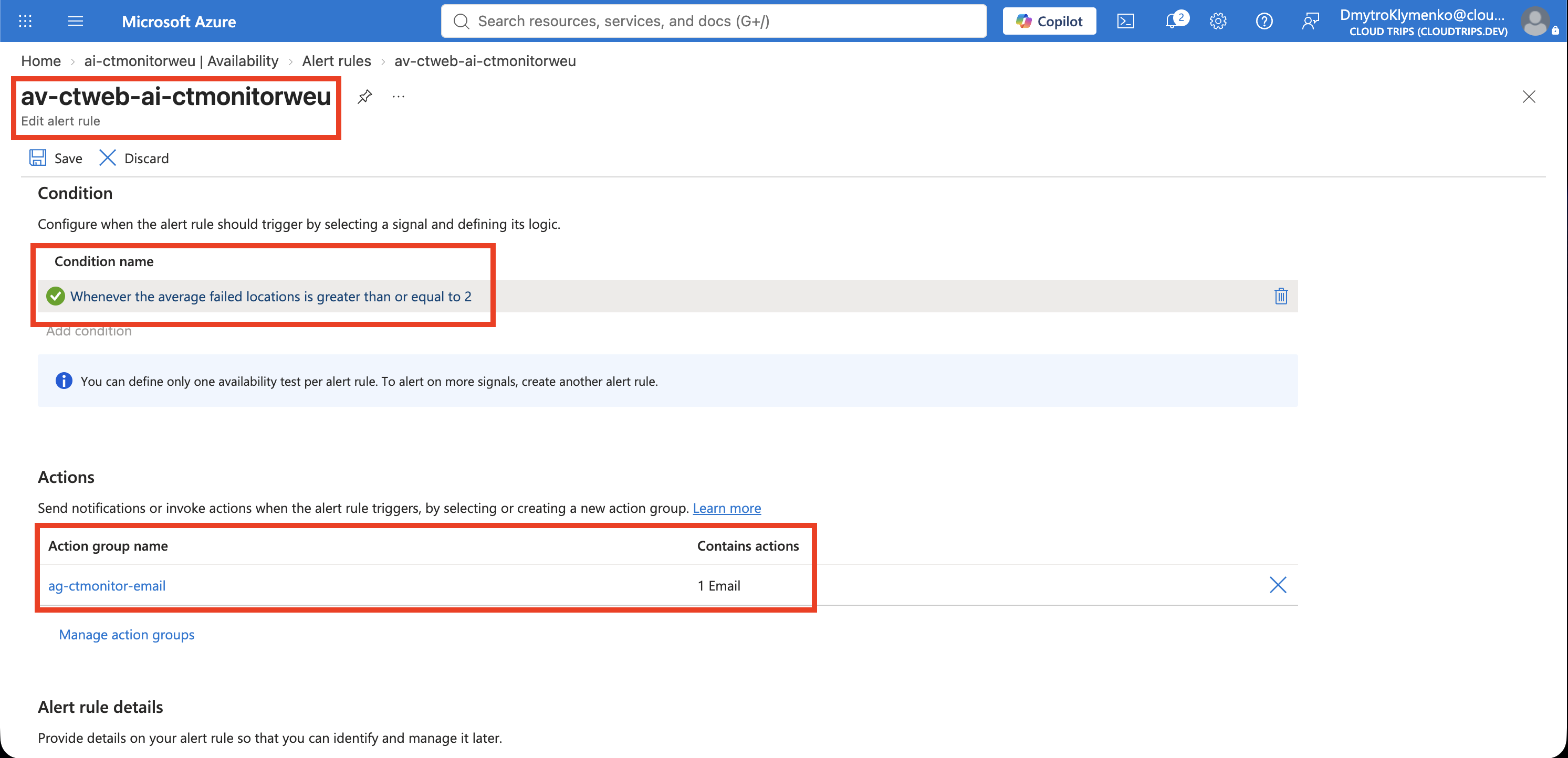 Availability alert condition showing the failing-location threshold and the action group.