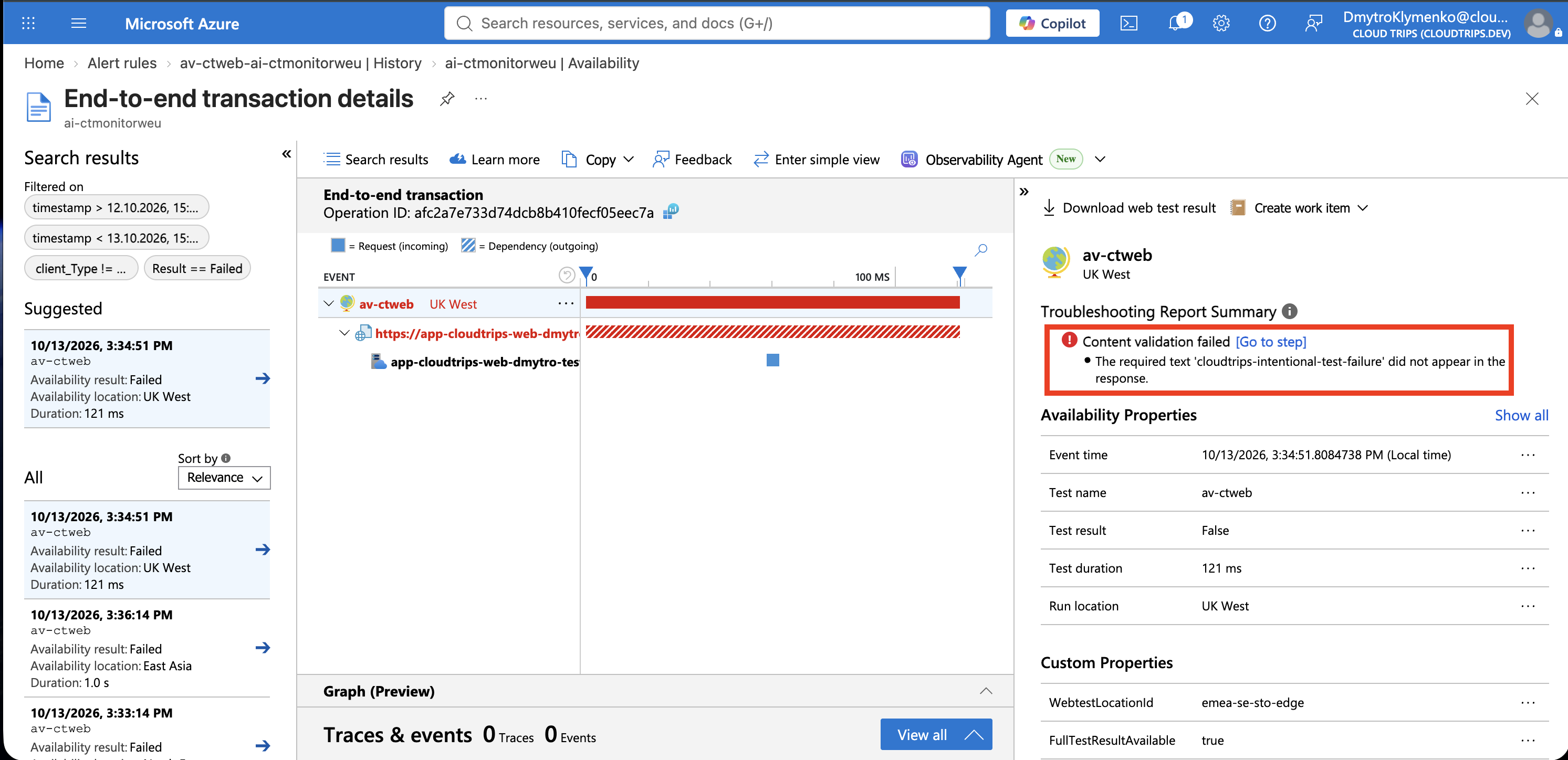 Fired availability alert, with the failed test details identifying the content-match failure.