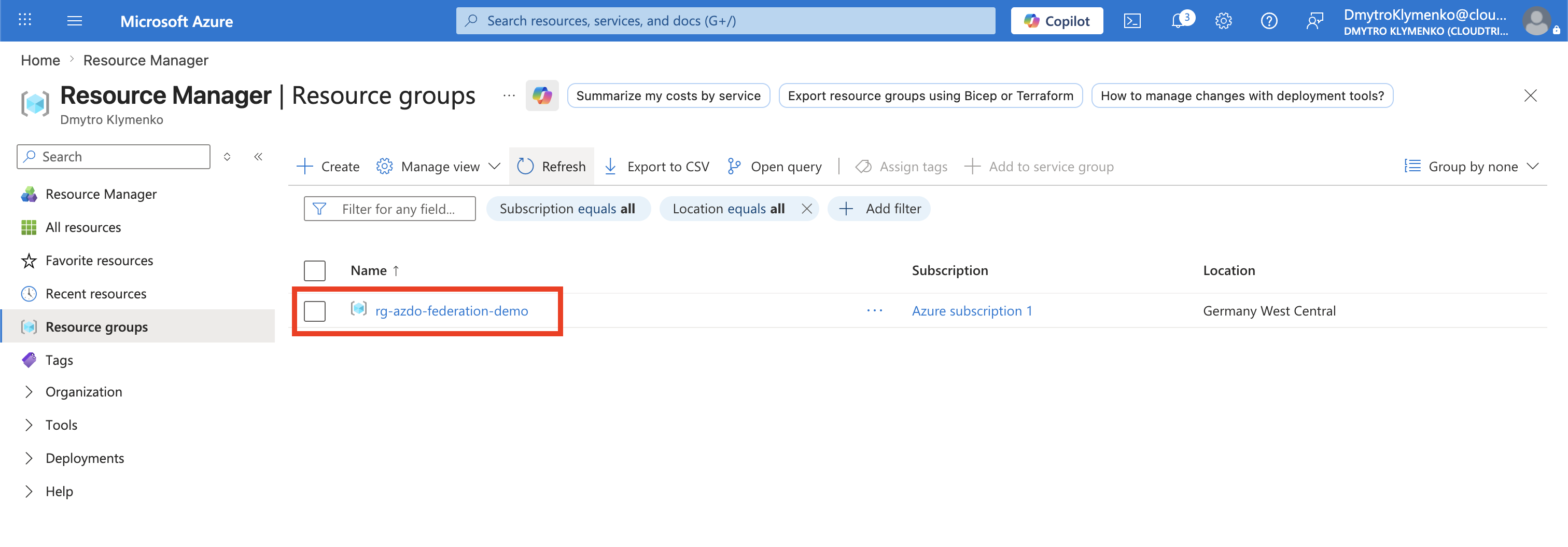 Azure-Ressourcengruppe für die Federation-Demo