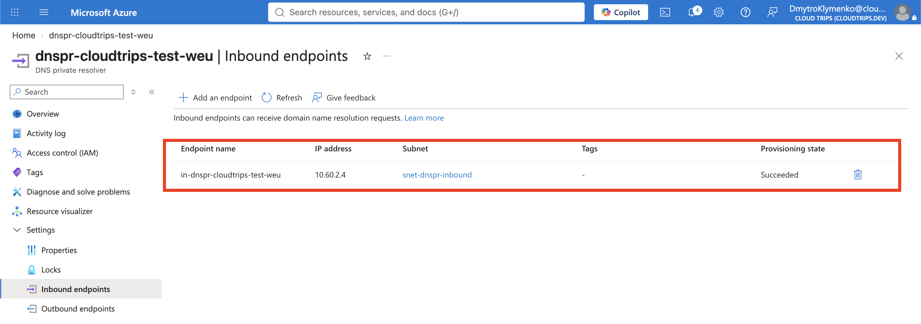 DNS Private Resolver overview showing the succeeded inbound endpoint