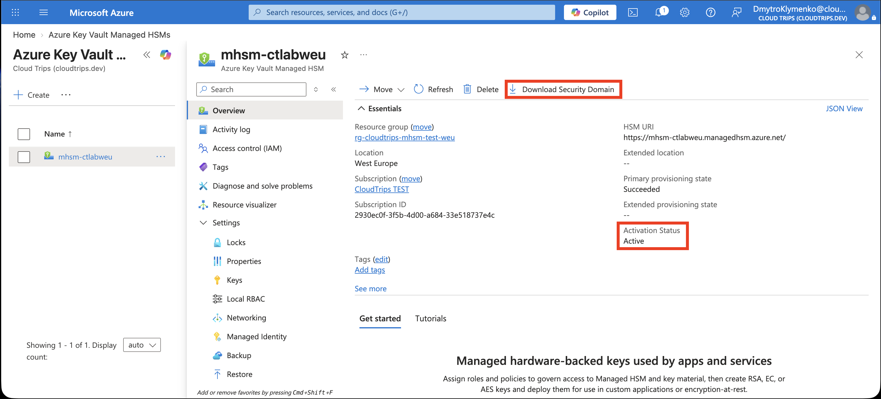 Ergebnis der Managed-HSM-Aktivierung nach Download der verschlüsselten Sicherheitsdomäne