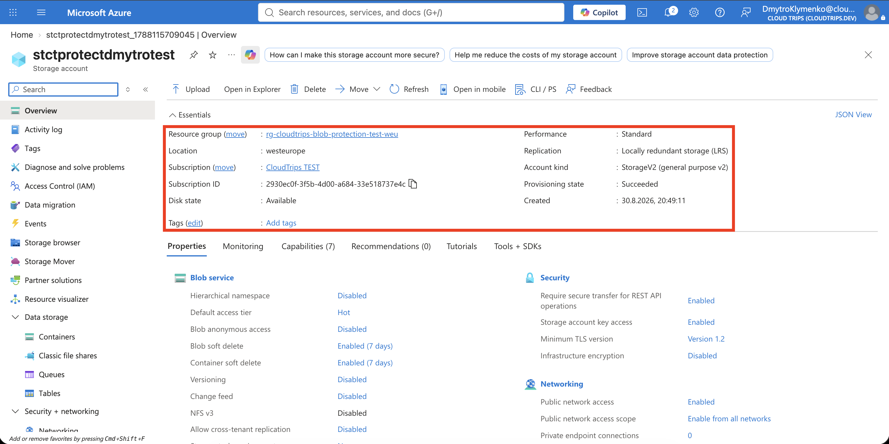 Storage-Account-Übersicht mit Blob-Protection-Testaccount und LRS-Konfiguration