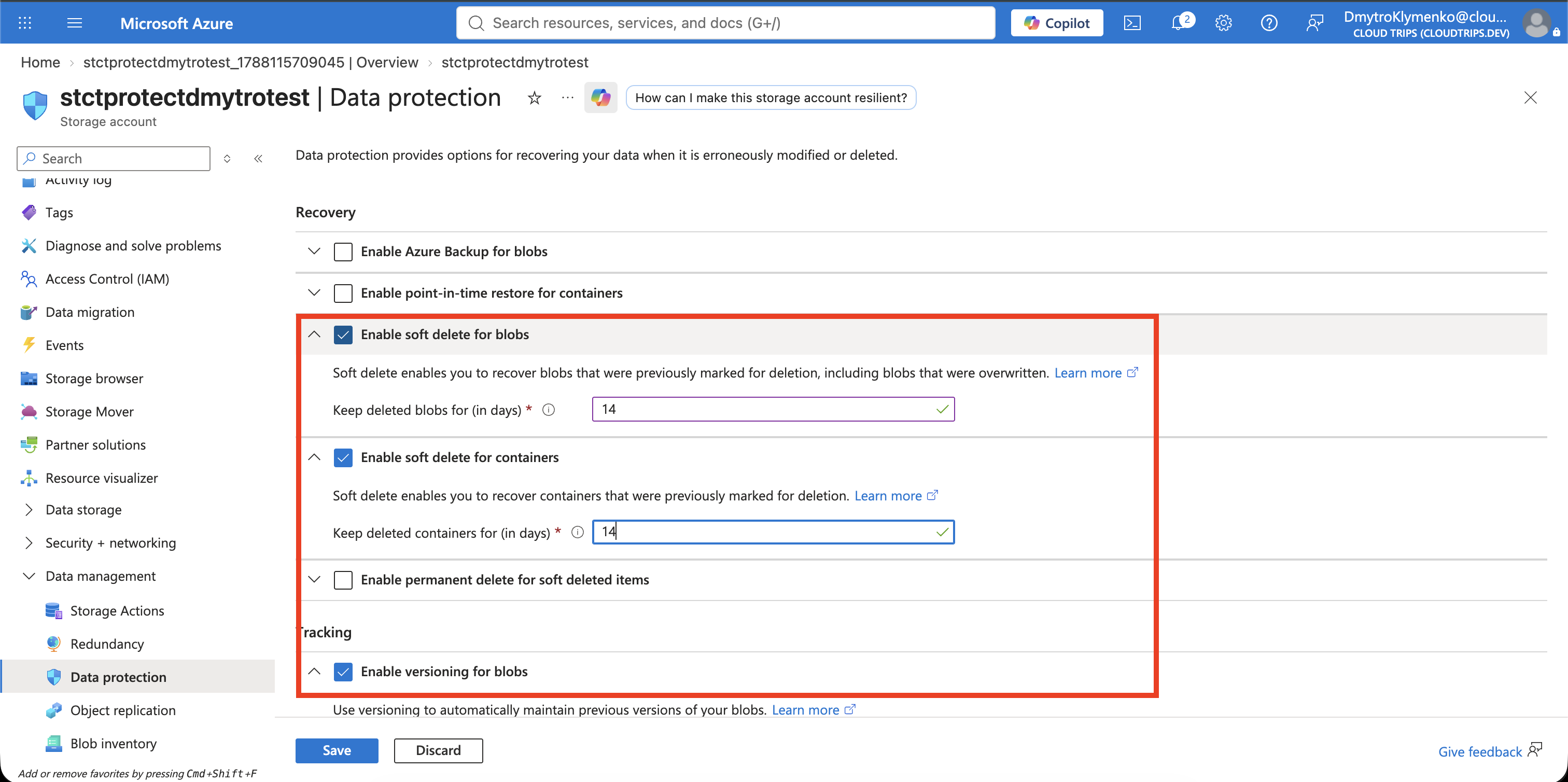 Data-protection-Seite mit Blobversionierung und 14-tägigem Blob- und Container-Soft-Delete