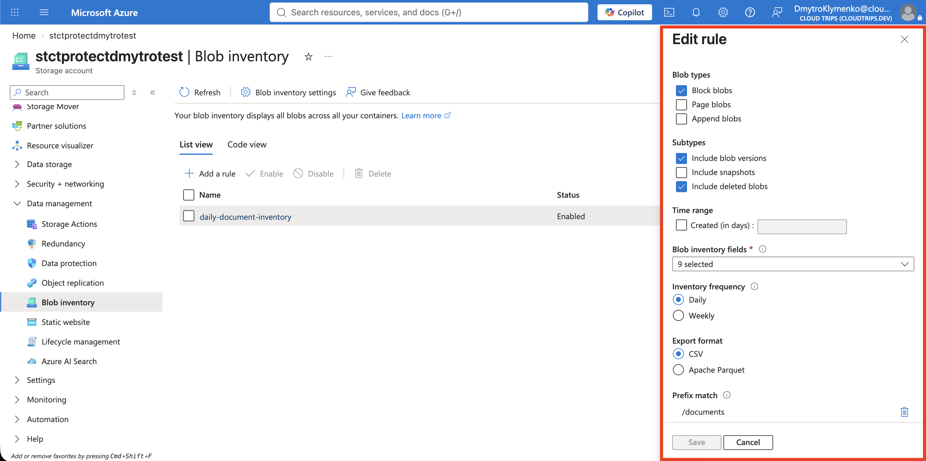 Blob-Inventory-Regel mit Ziel inventory-reports und eingeschlossenen Dokument-Blobversionen