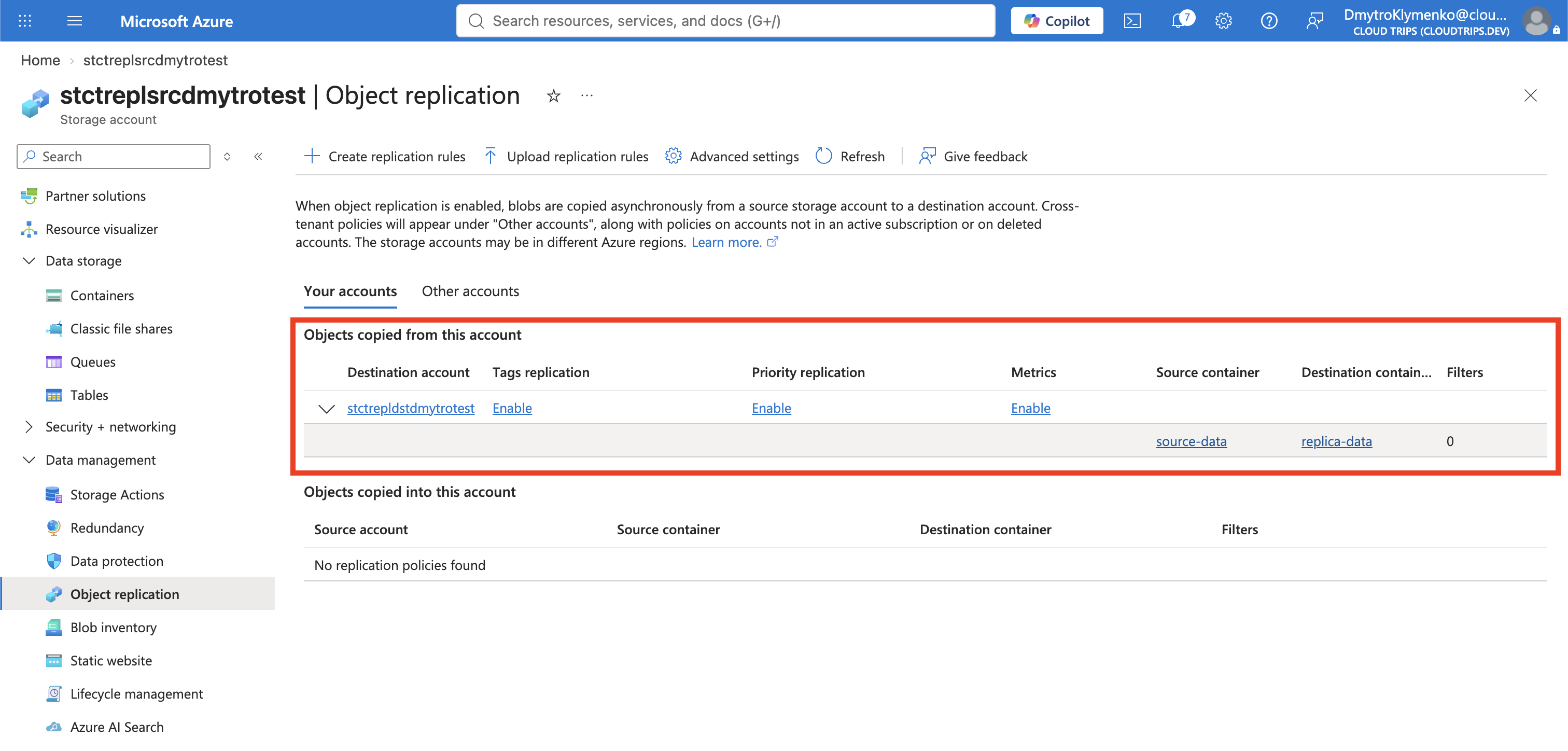 Object replication policy showing the source-data to replica-data container mapping
