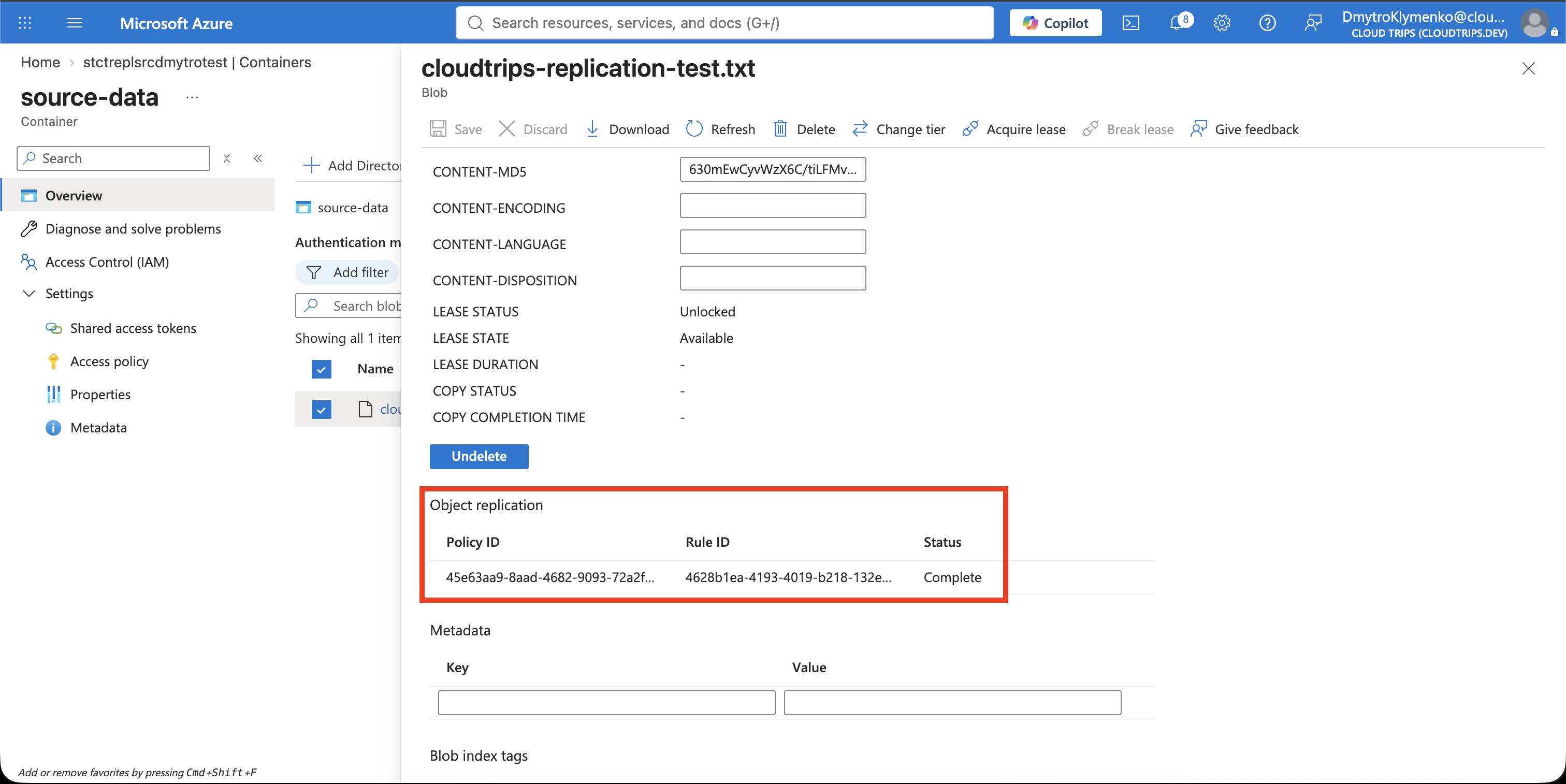 Source blob properties showing object replication completed for the destination policy