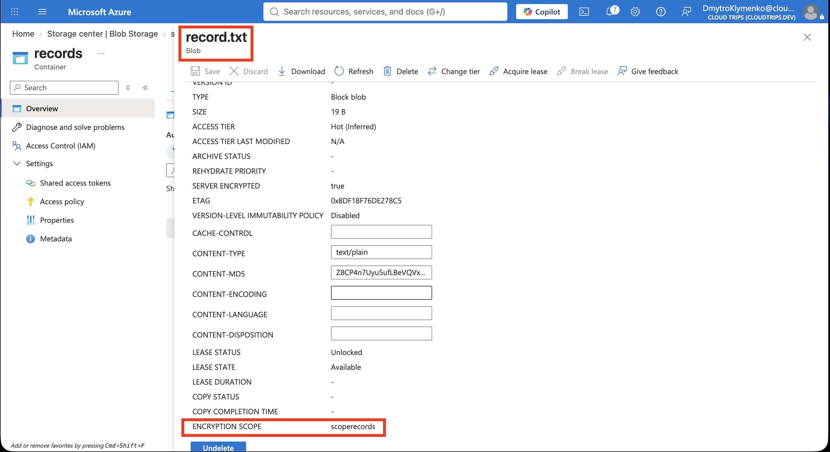 Eigenschaften von record.txt mit dem Encryption Scope scoperecords