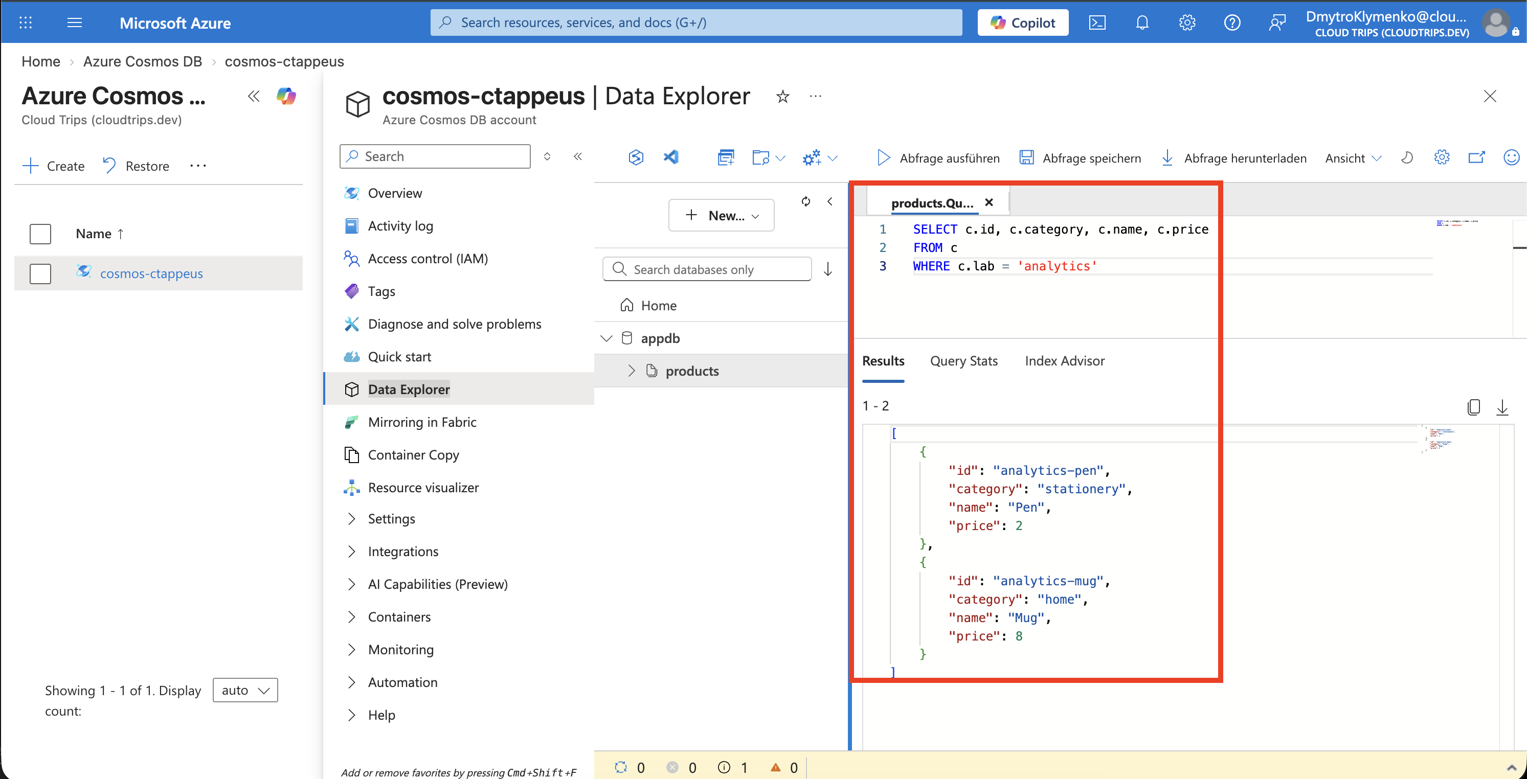 Cosmos Data Explorer mit productCount 2, averagePrice 5, lowestPrice 2 und highestPrice 8