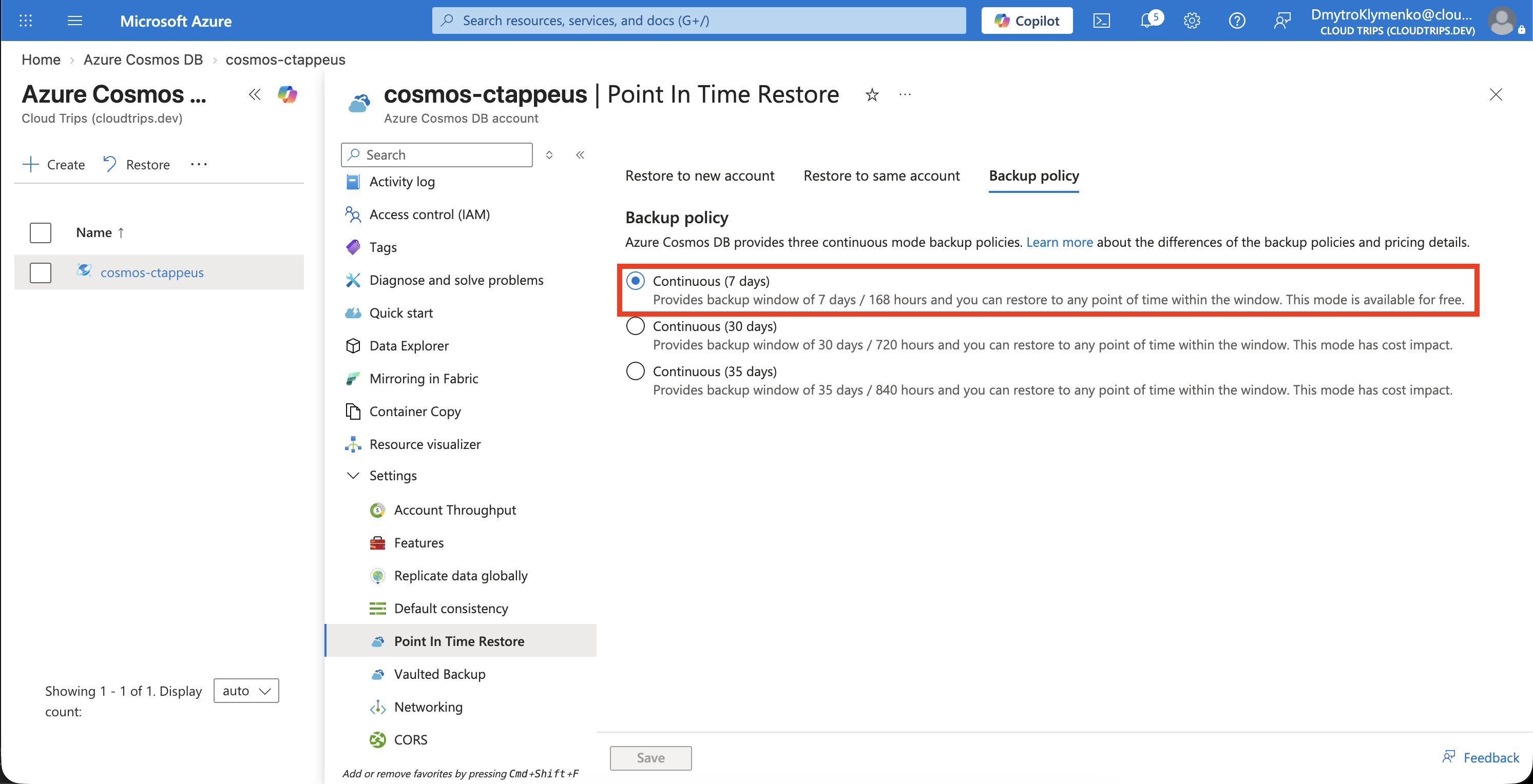 Cosmos DB showing the active Continuous seven-day backup policy