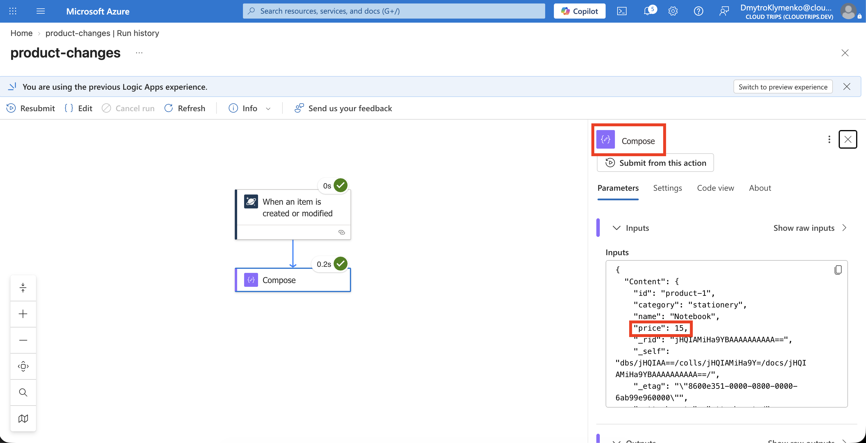 Successful Logic Apps workflow run with Compose output containing product-1 and its newly saved price