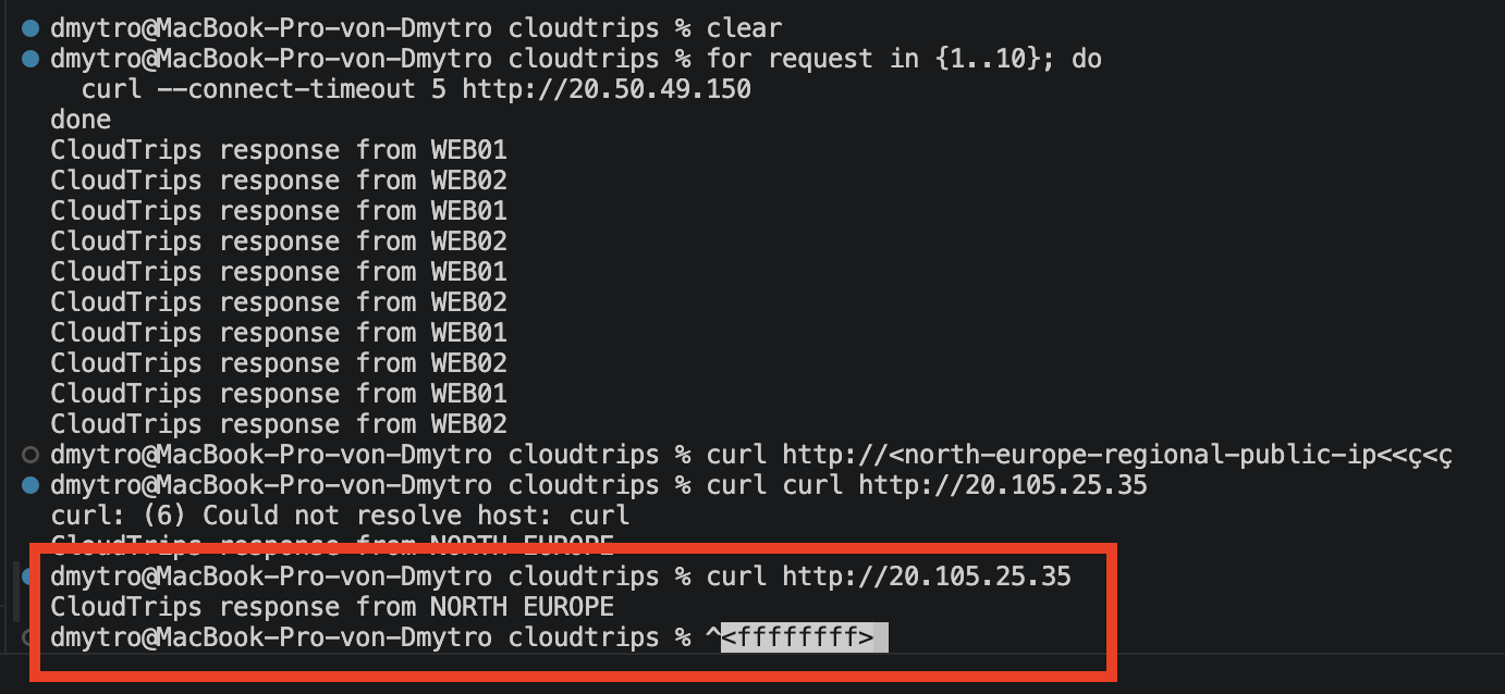 North Europe regional Load Balancer showing its healthy private CloudTrips backend