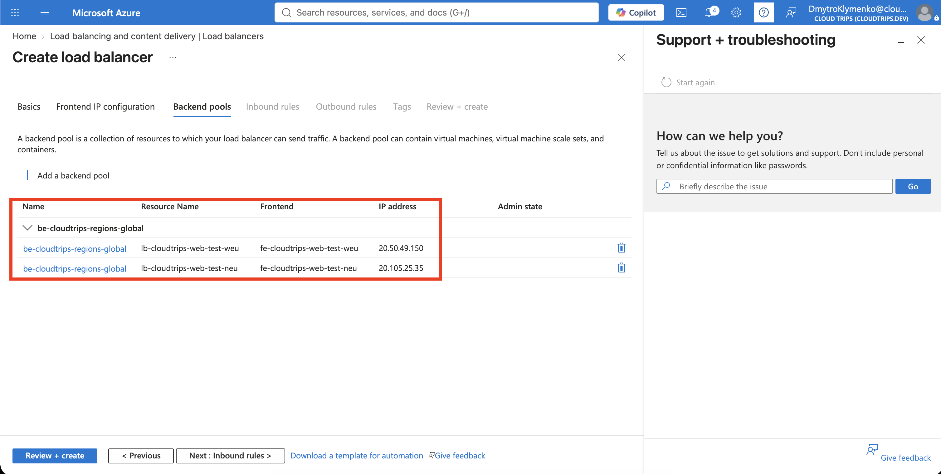Global Load Balancer backend pool containing the West Europe and North Europe regional frontend configurations
