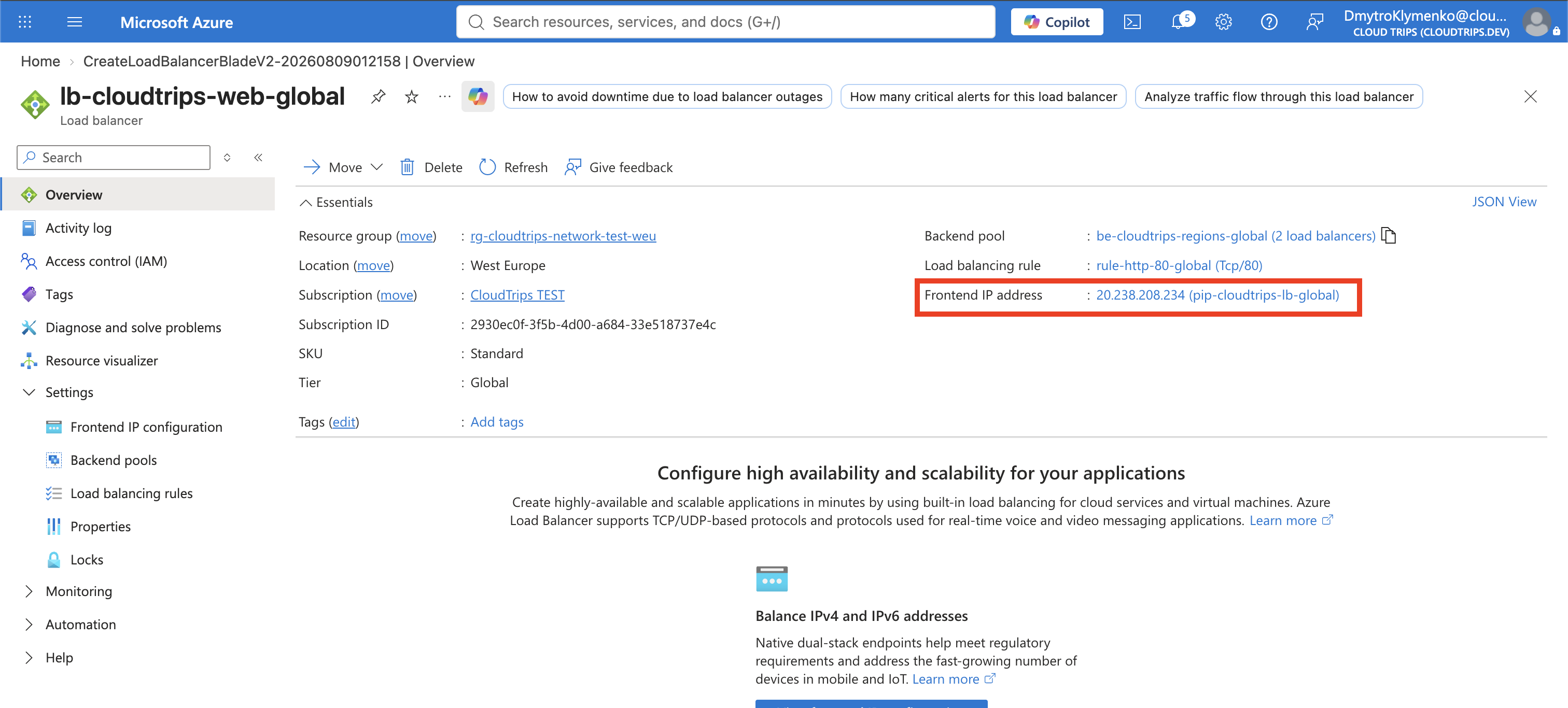 Global-tier CloudTrips Load Balancer overview showing its static public frontend IP