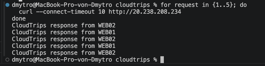 Local terminal showing the Global Load Balancer public IP reaching the nearest healthy CloudTrips regional deployment