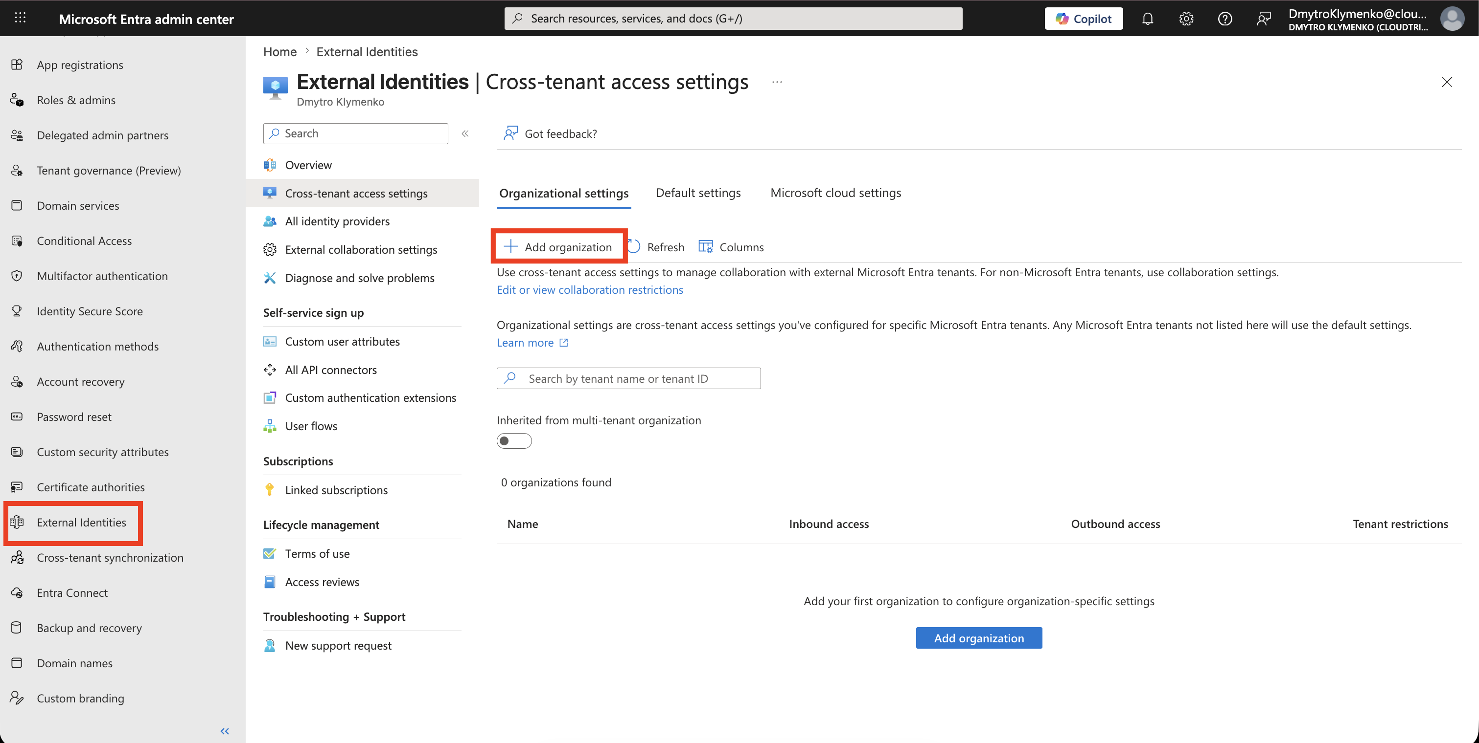 Microsoft Entra Cross-tenant access settings Seite mit geoeffnetem Organizational settings Tab und sichtbarer Add organization Aktion