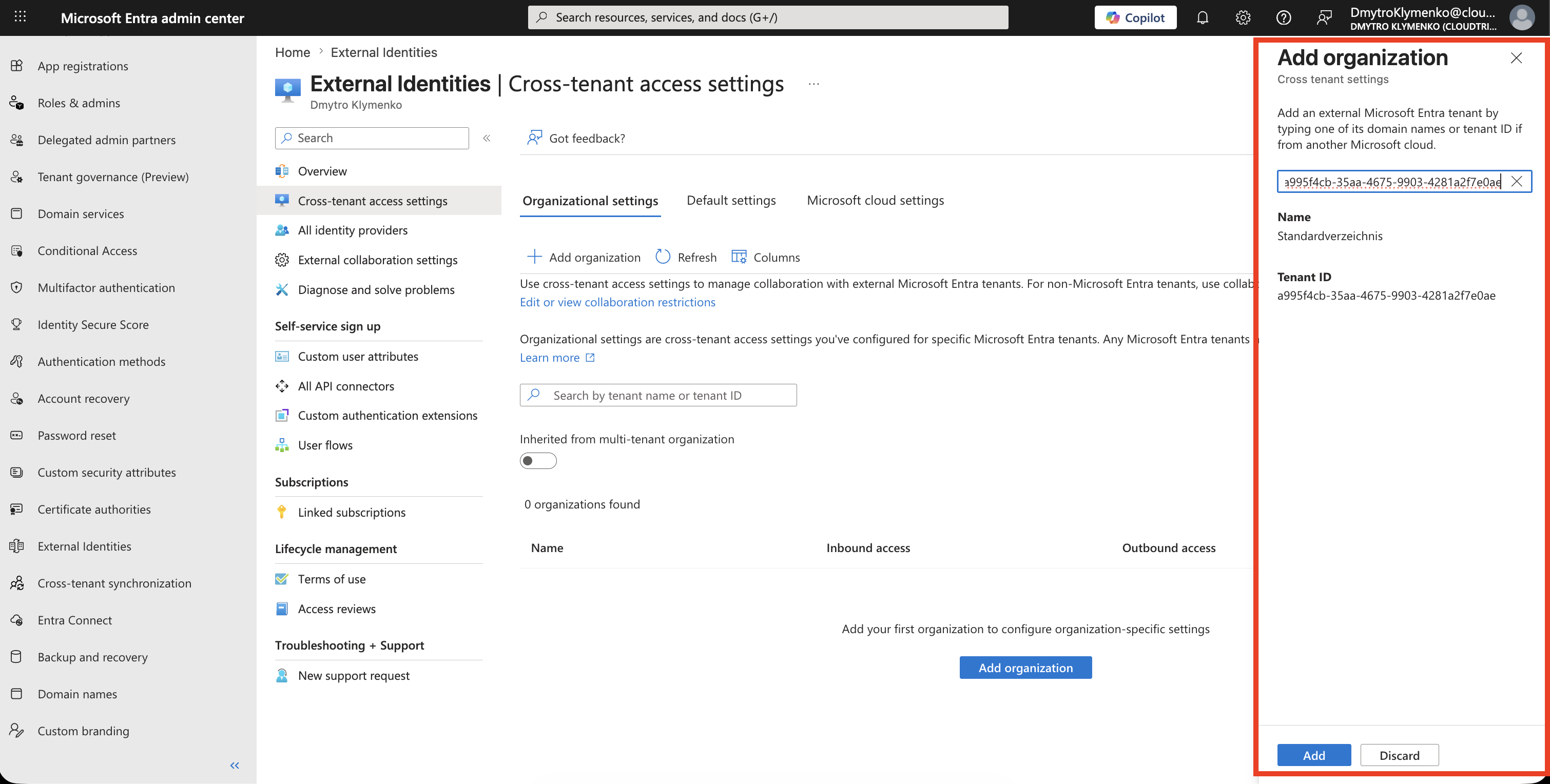 Add organization Pane mit Partner-Domain oder Tenant ID, aufgeloestem Organisationsnamen, Tenant ID und Add Button