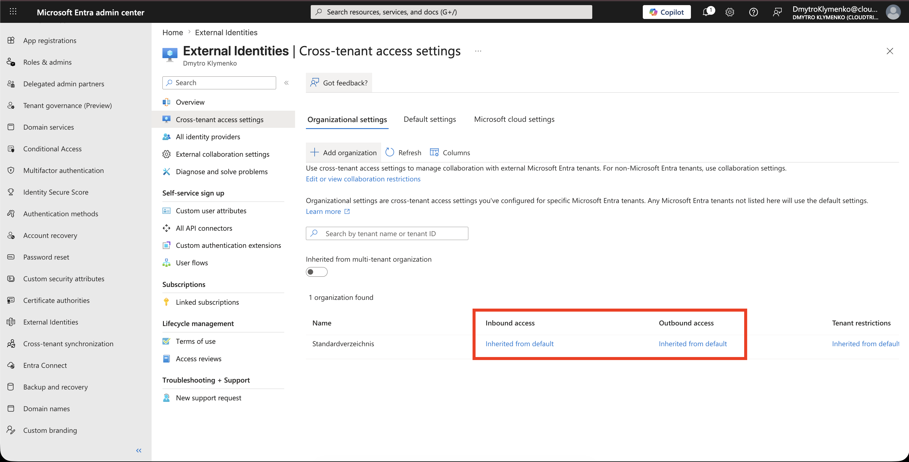 Organizational settings Liste mit hinzugefuegtem Partner und Inherited from default fuer Inbound und Outbound Access