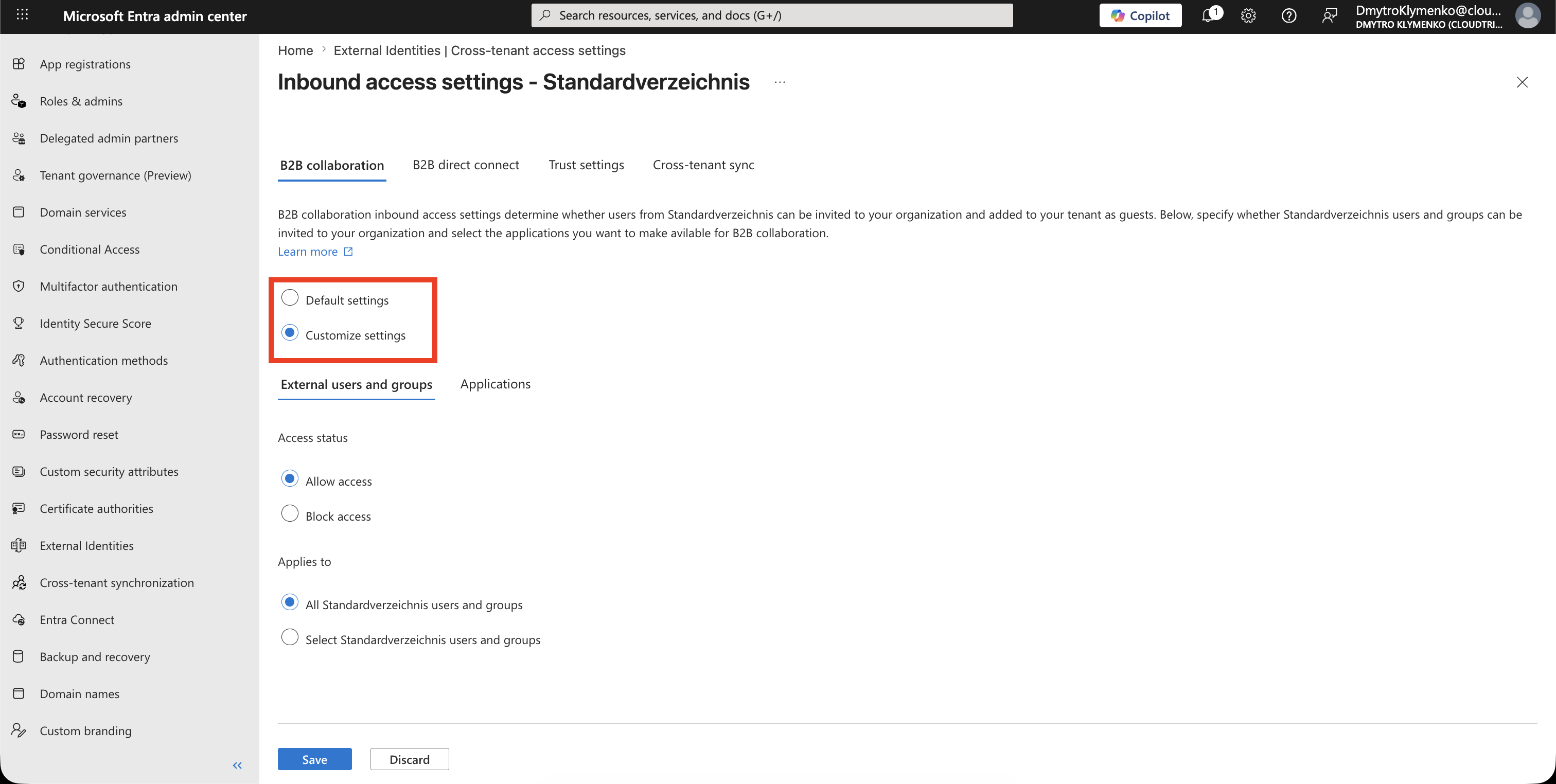 Partnerspezifische Inbound access settings mit geoeffneter B2B collaboration und ausgewaehlten Customize settings