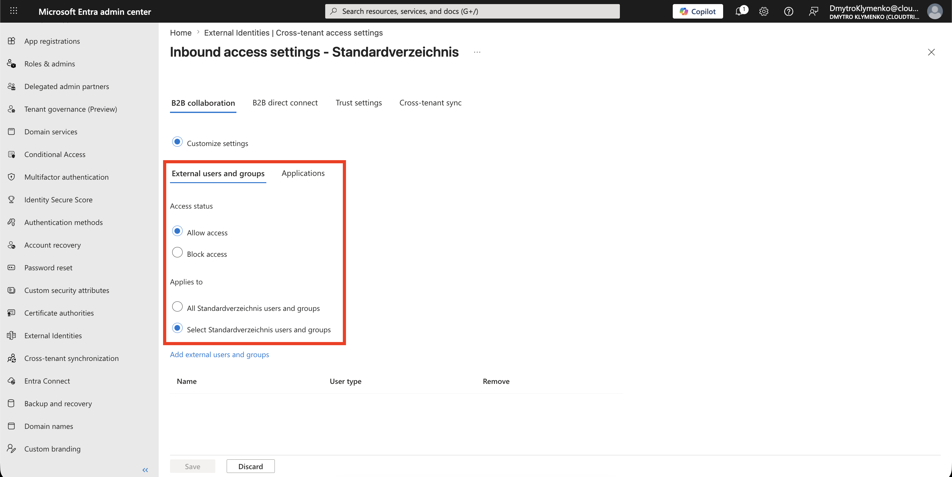 Inbound B2B External users and groups Tab mit ausgewaehlten Allow access und Select external users and groups Optionen