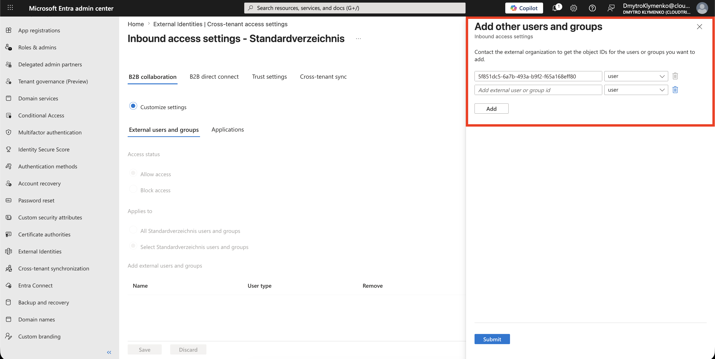 Add other users and groups Pane mit einer Partnerbenutzer- oder Gruppen-Object-ID zum Hinzufuegen