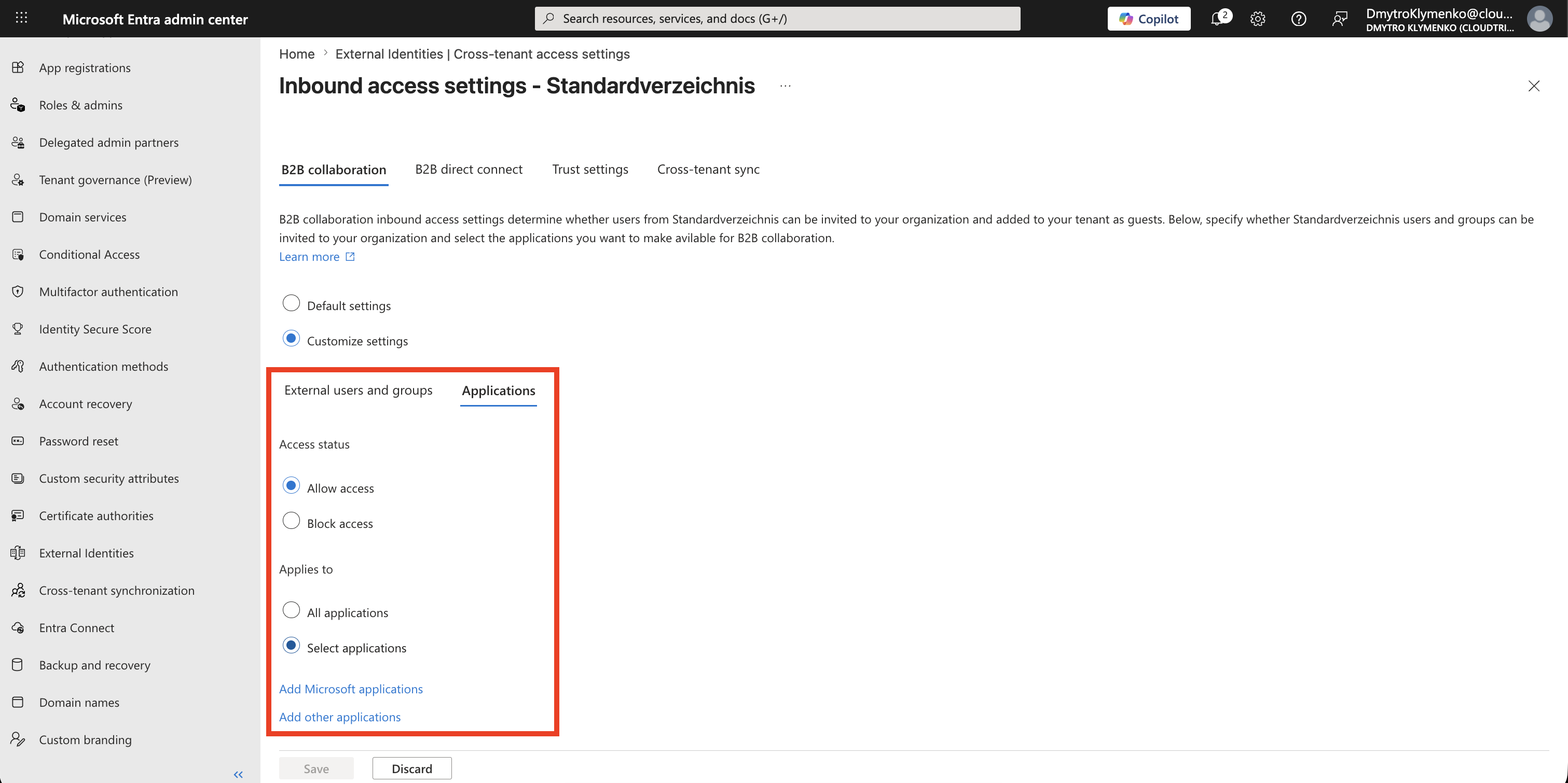 Inbound B2B Applications Tab mit ausgewaehlten Allow access und Select applications Optionen