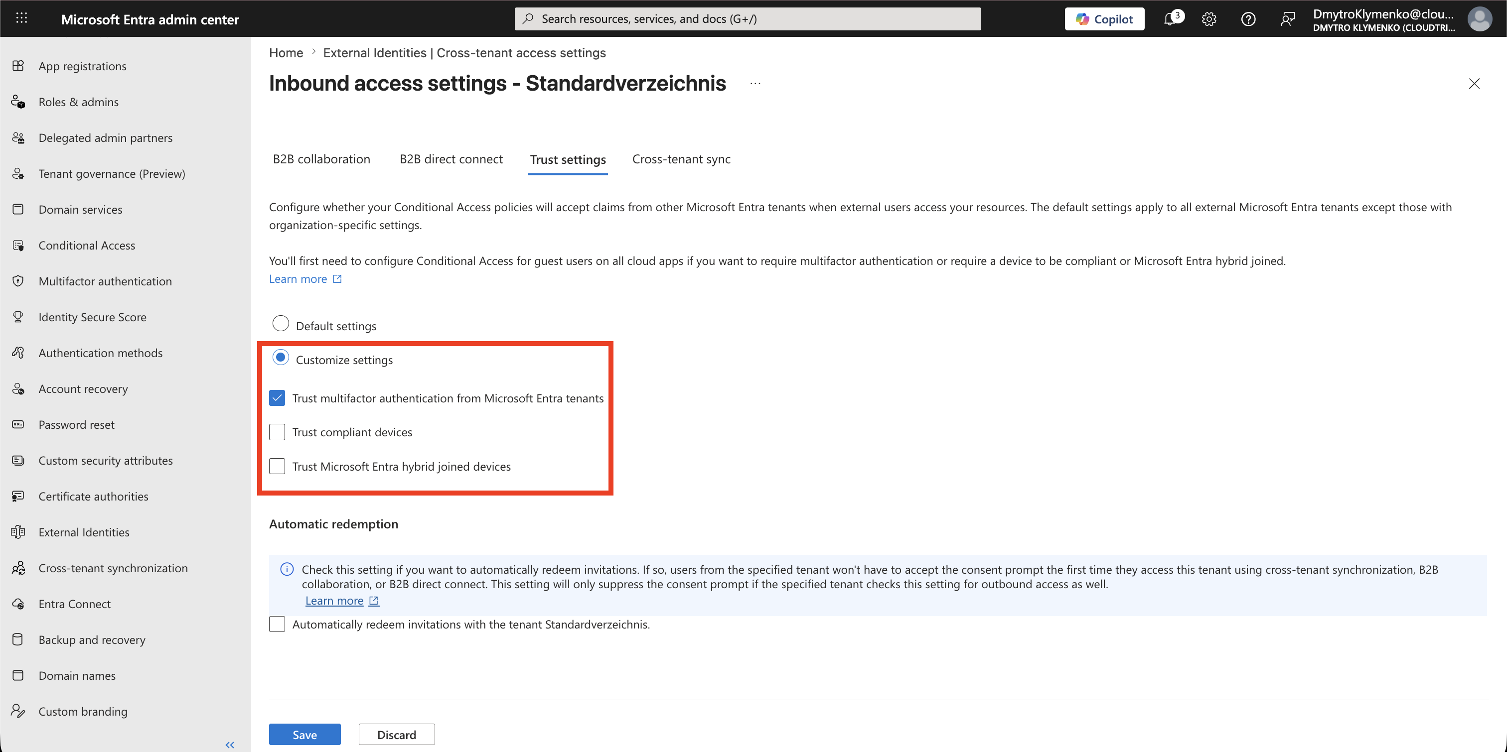 Partnerspezifische Inbound Trust settings mit ausschliesslich den genehmigten MFA- oder Device-Trust-Optionen