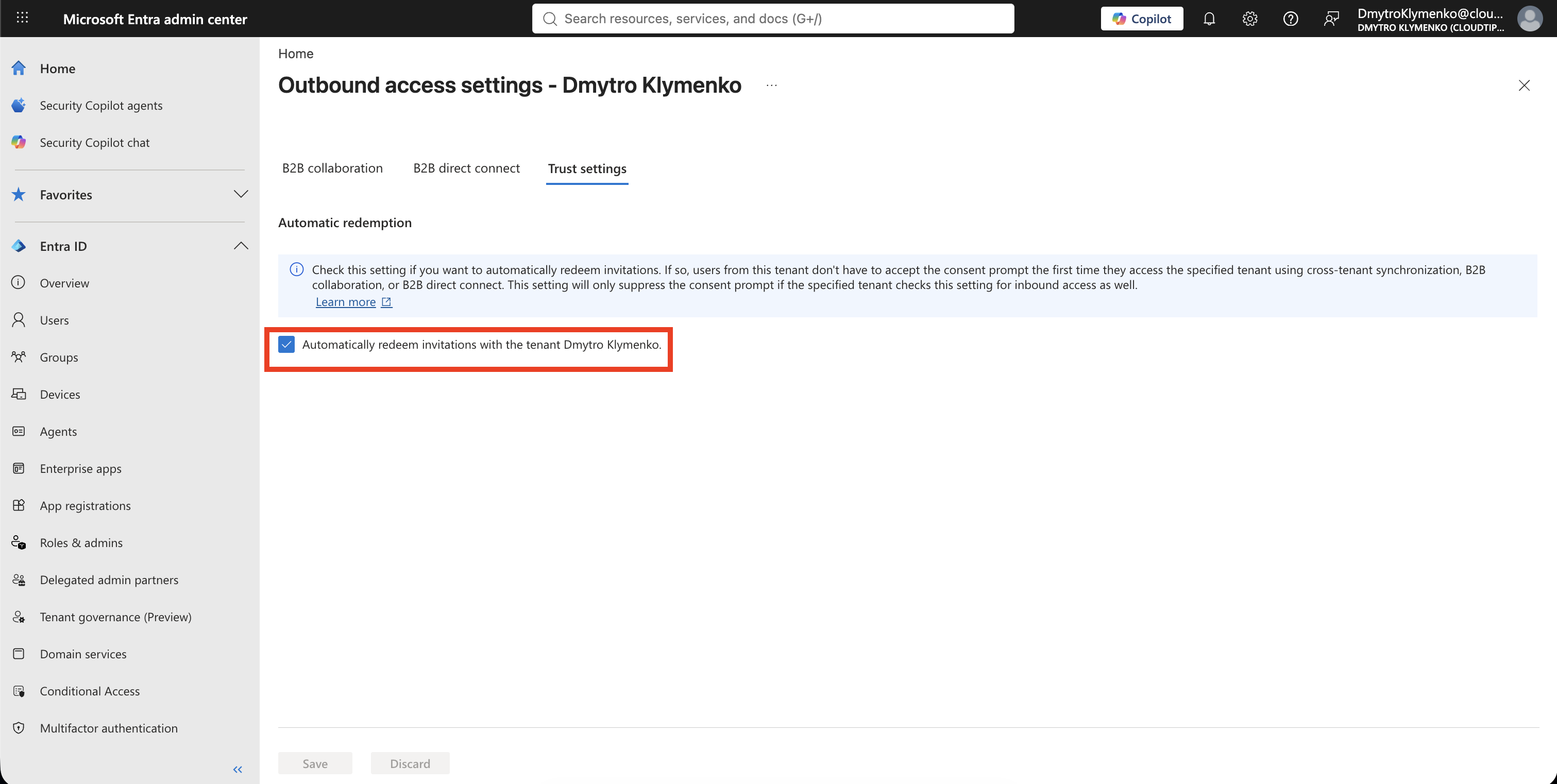 Source Tenant Outbound Trust settings mit aktivierter Automatic Invitation Redemption fuer den Target Tenant