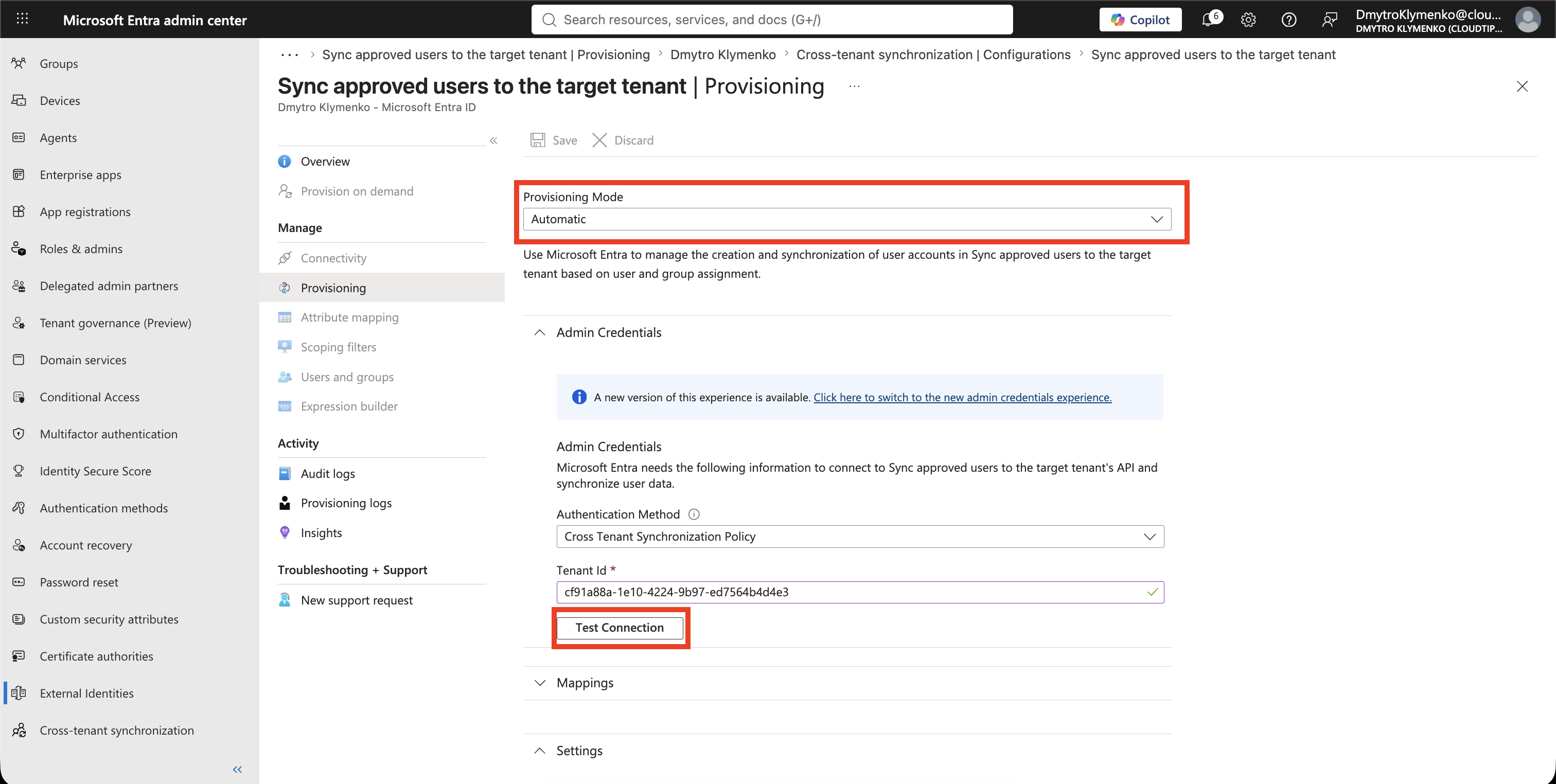 Cross-tenant synchronization Provisioning Seite mit Automatic Mode, Target Tenant ID und erfolgreichem Test Connection Ergebnis