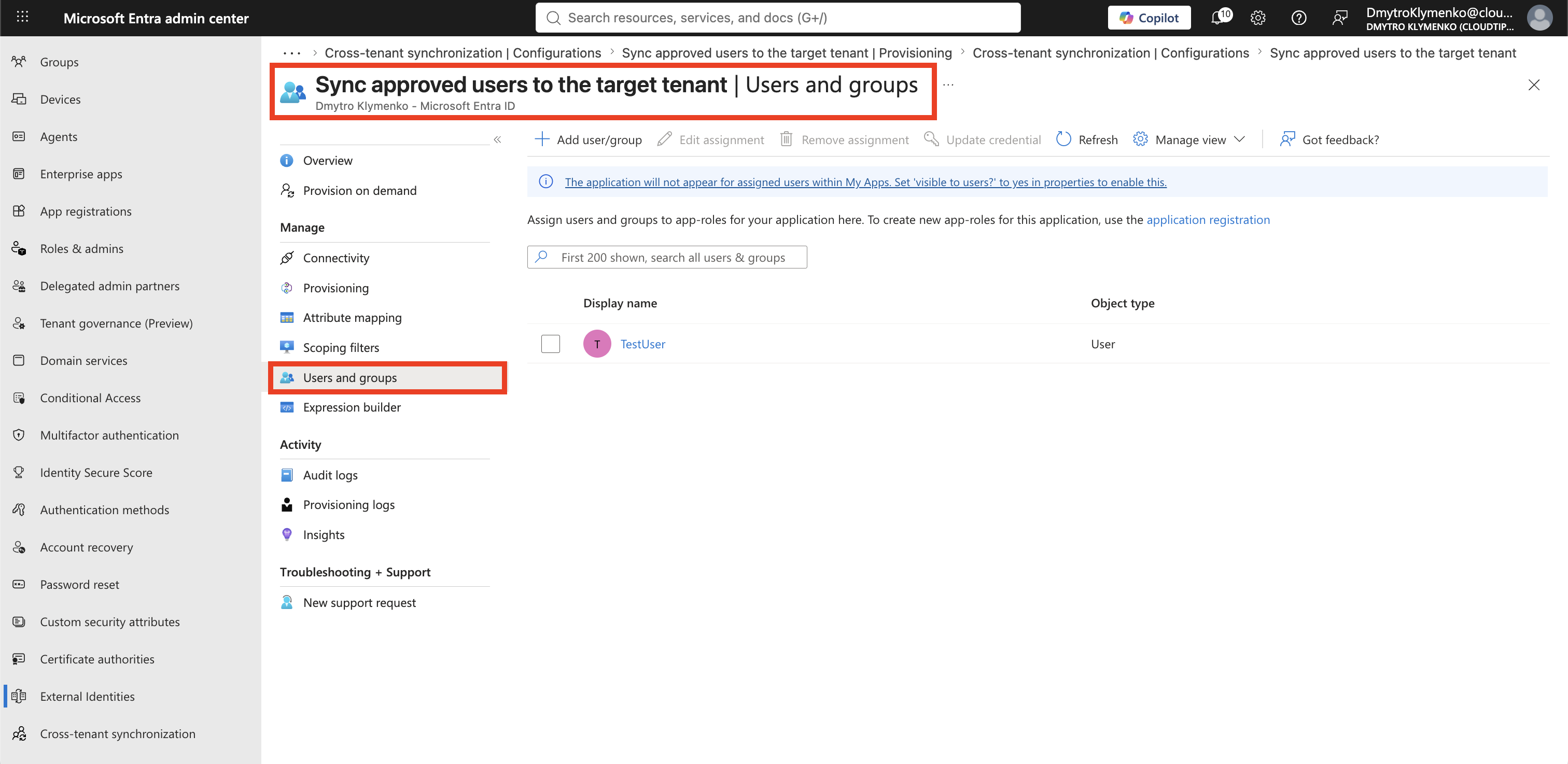 Cross-tenant synchronization Users and groups Seite mit einer kleinen genehmigten Gruppe, die der Configuration zugewiesen ist