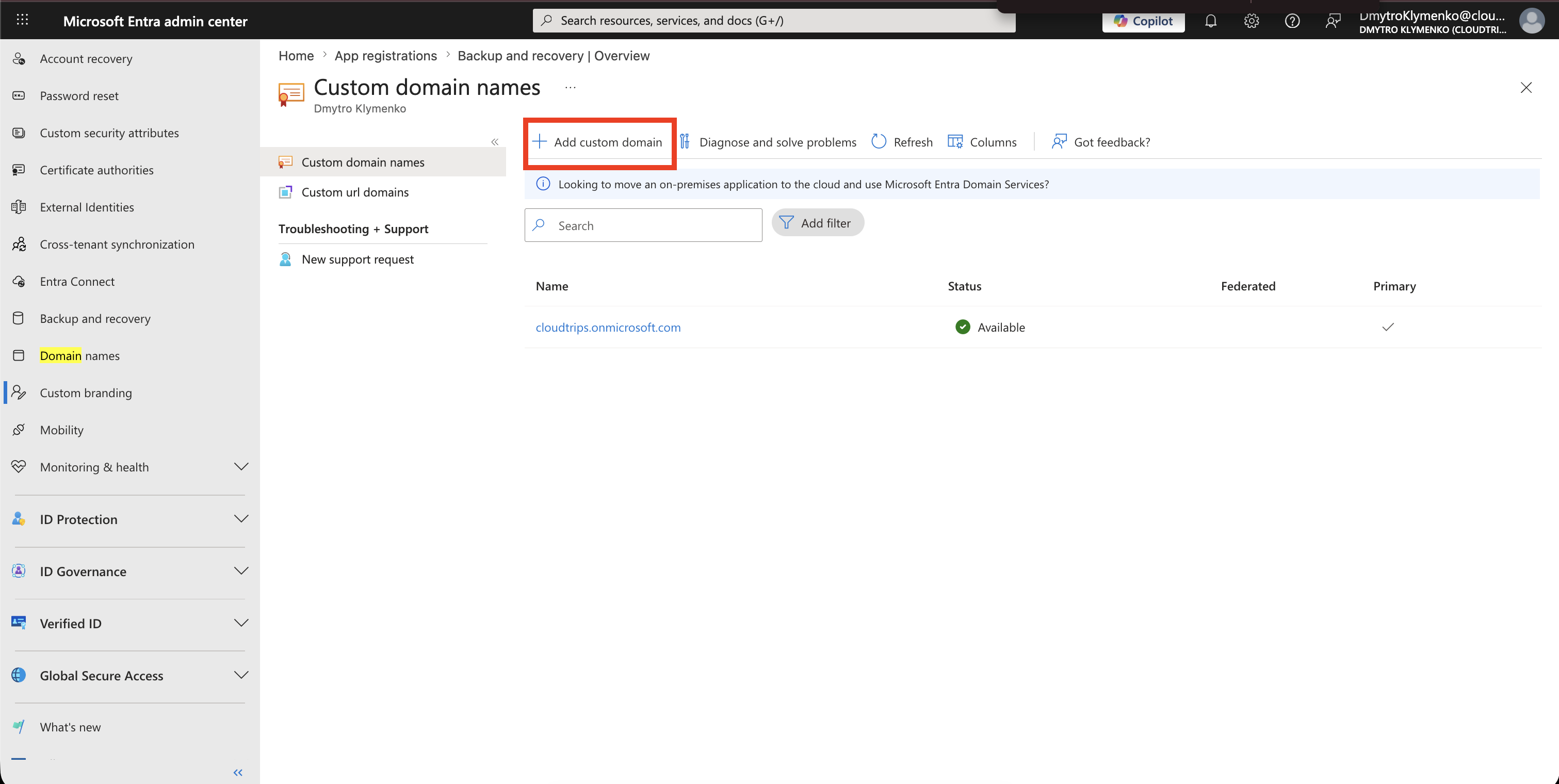 Microsoft Entra Domain names Seite mit sichtbarer Aktion Add custom domain
