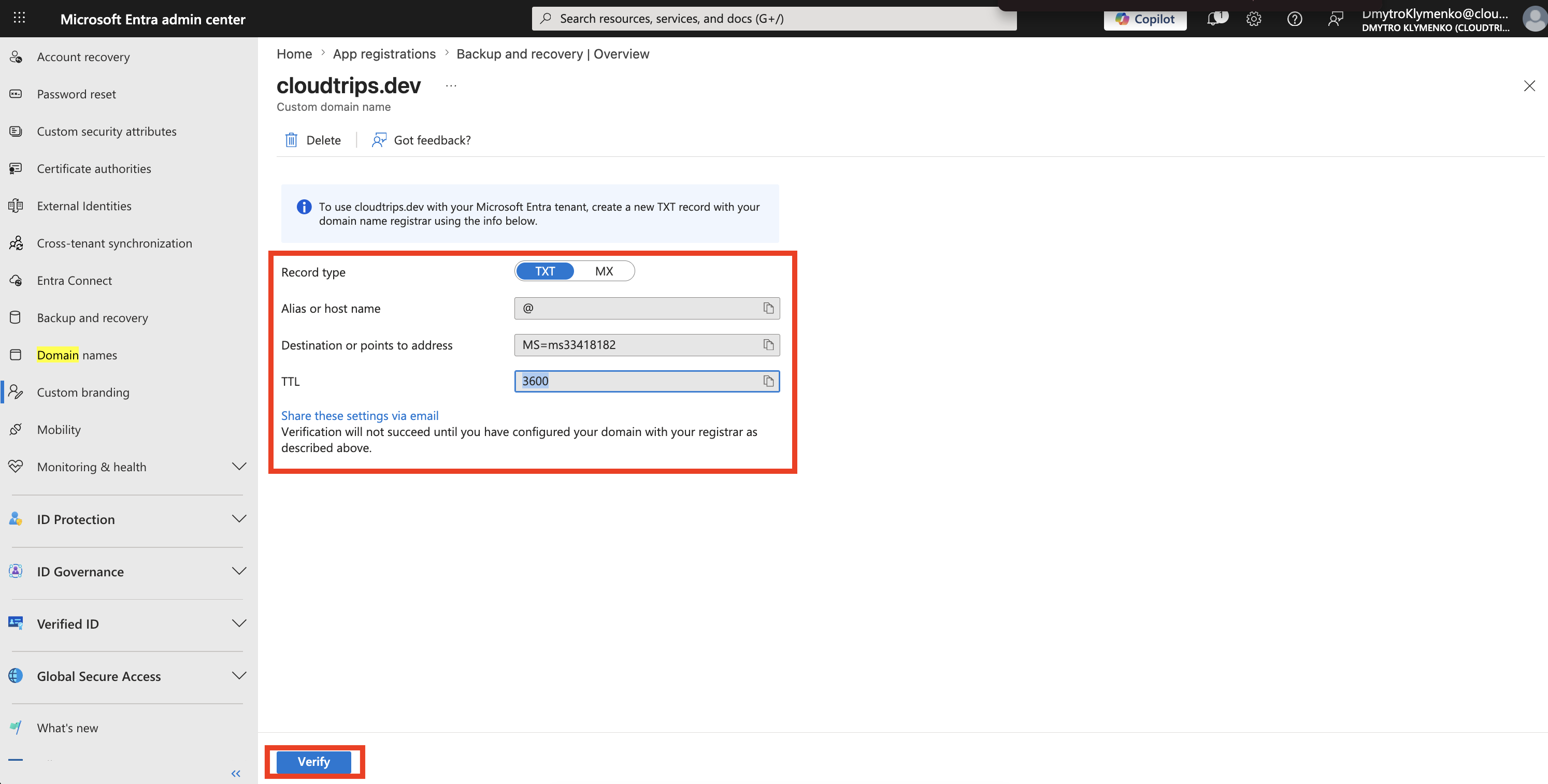 Custom-Domain-Verifizierungsseite mit TXT-Record-Wert