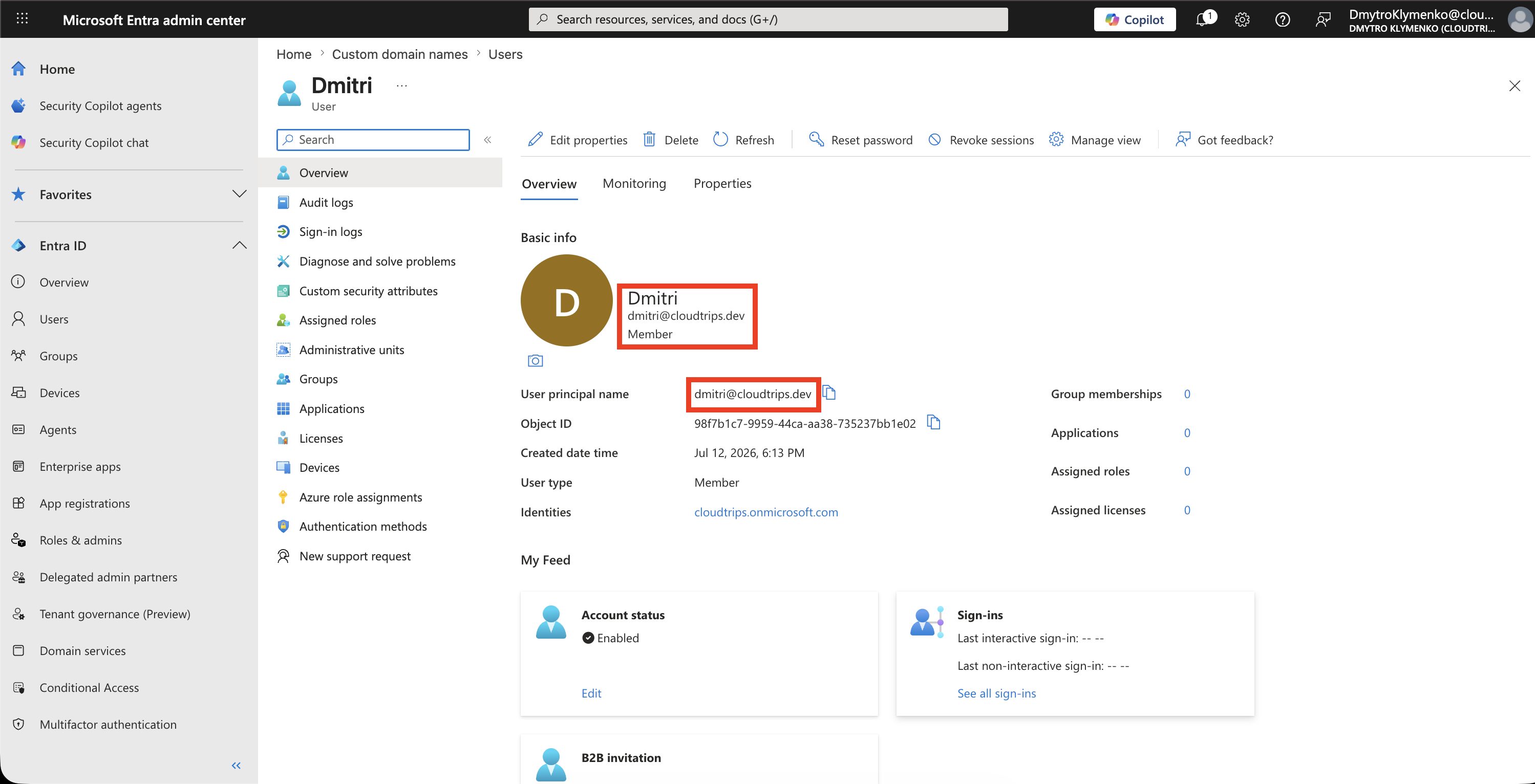 Benutzerprofil mit User Principal Name der verifizierten Custom Domain