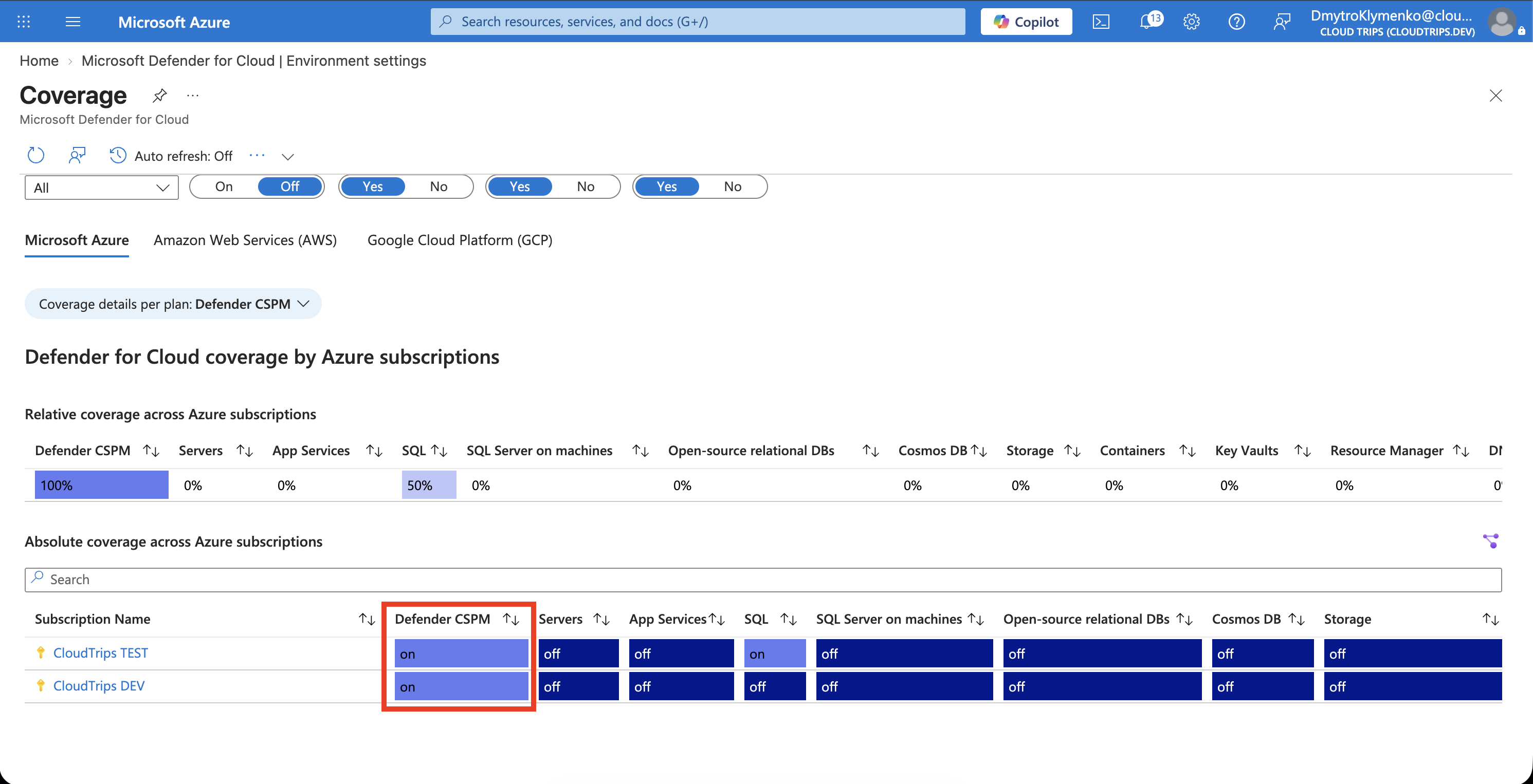 Defender for Cloud subscription plans showing Foundational CSPM coverage and the current plan states