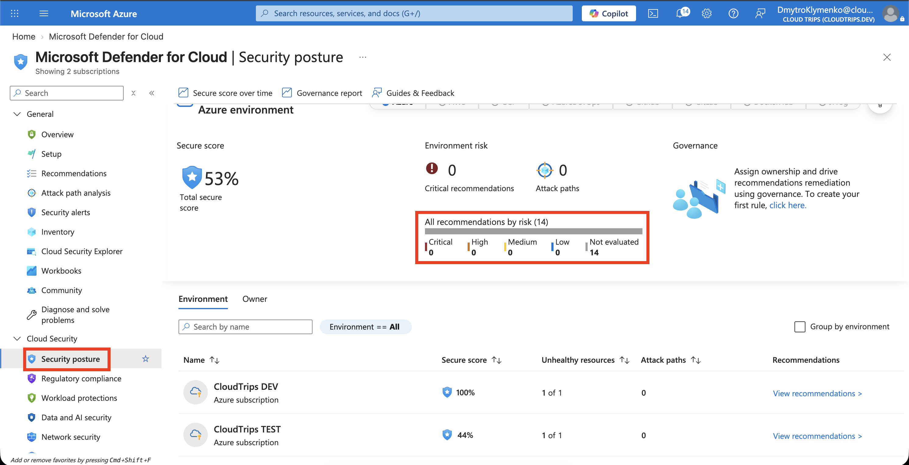 Defender for Cloud Secure Score and a recommendation with affected resources