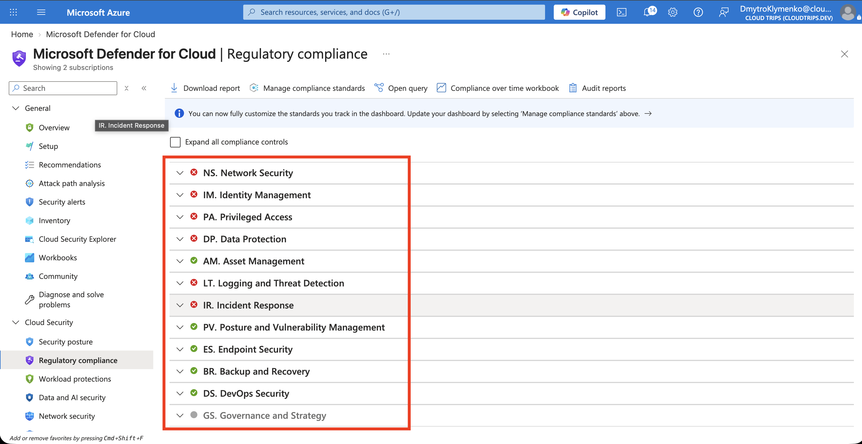 Defender for Cloud regulatory compliance showing an expanded Microsoft Cloud Security Benchmark control and assessment results