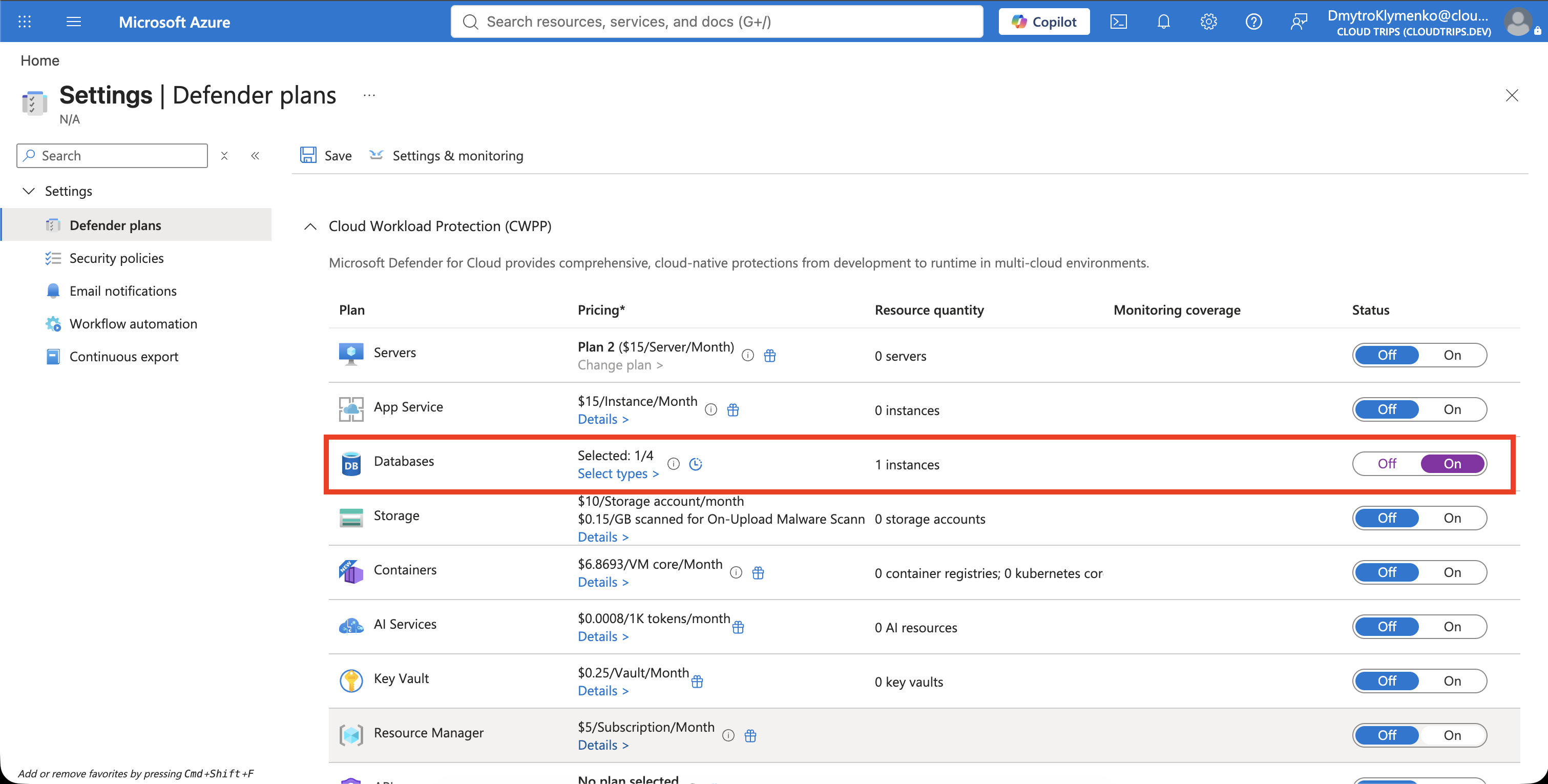 Defender-Pläne mit aktiviertem Azure SQL Databases für das ausgewählte Abonnement