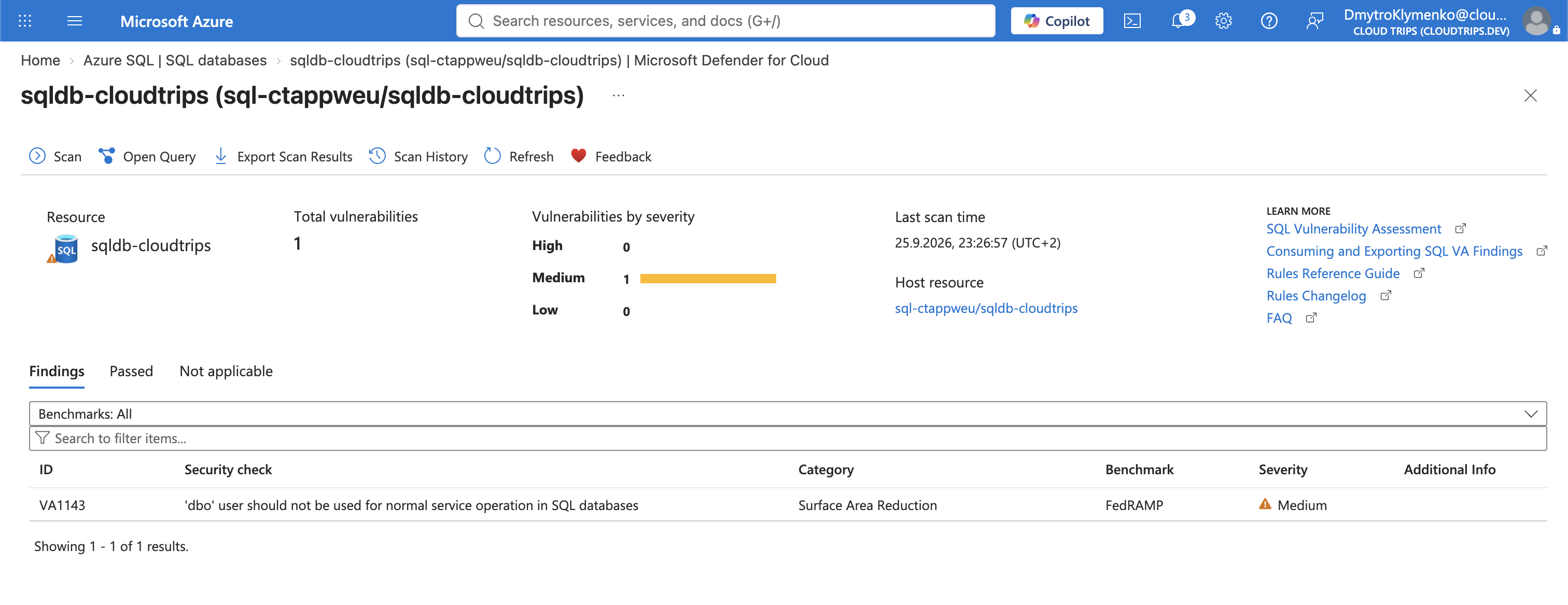 Abgeschlossene SQL-Schwachstellenprüfung mit Prüfstatus und gefundenen Befunden