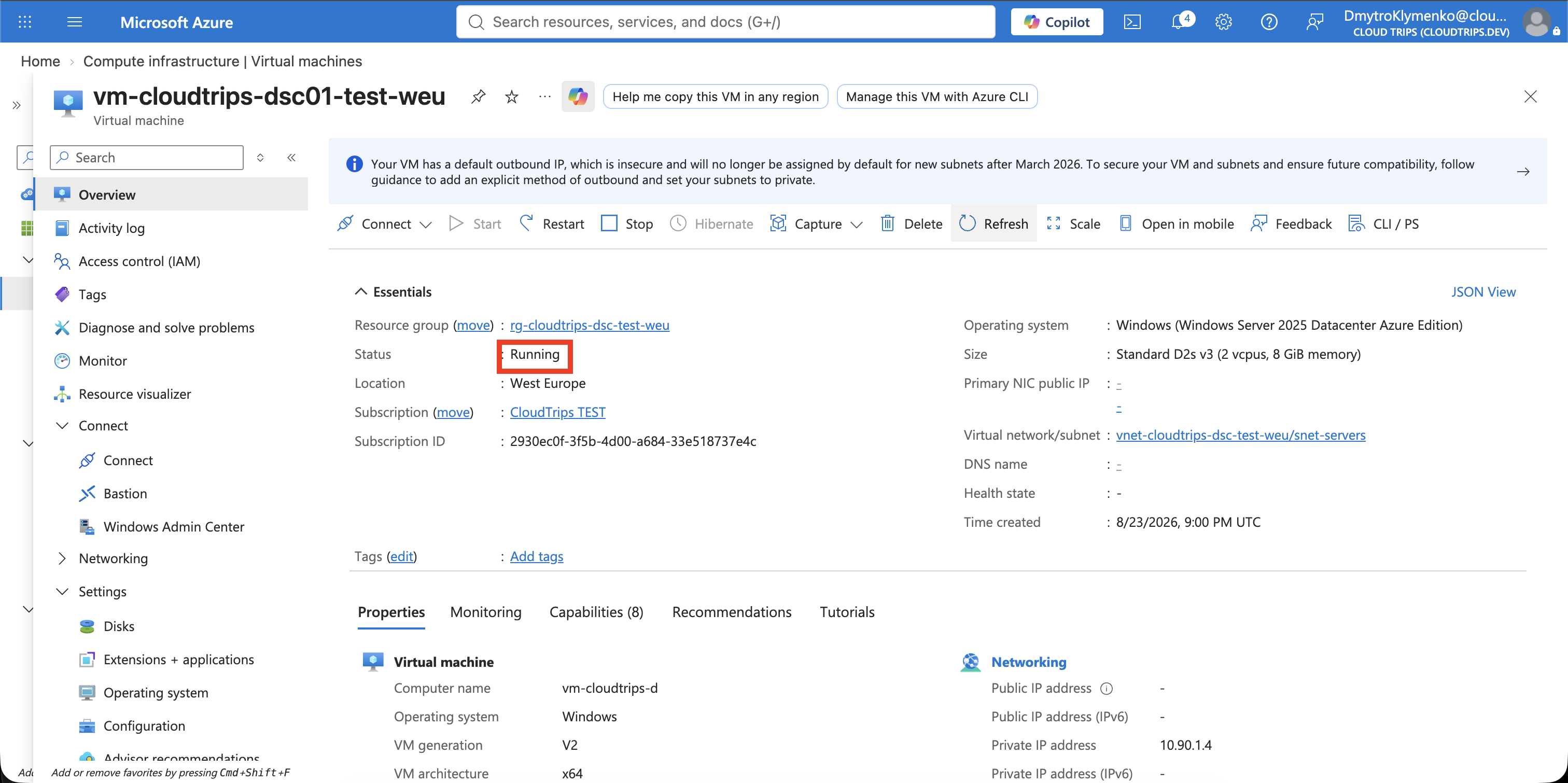 Übersicht der laufenden Windows-VM mit aktivierter systemseitig zugewiesener verwalteter Identität