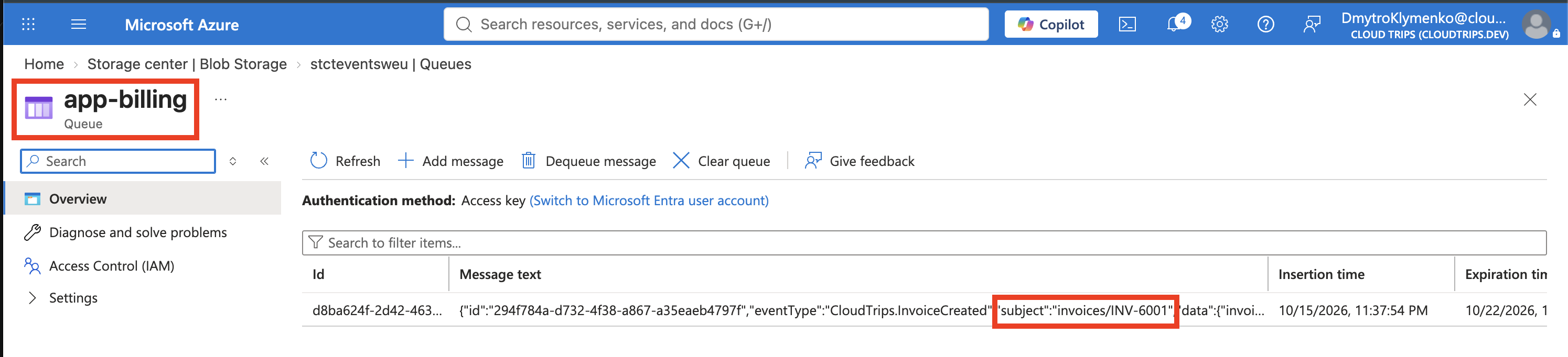 The app-billing queue showing the INV-6001 event.