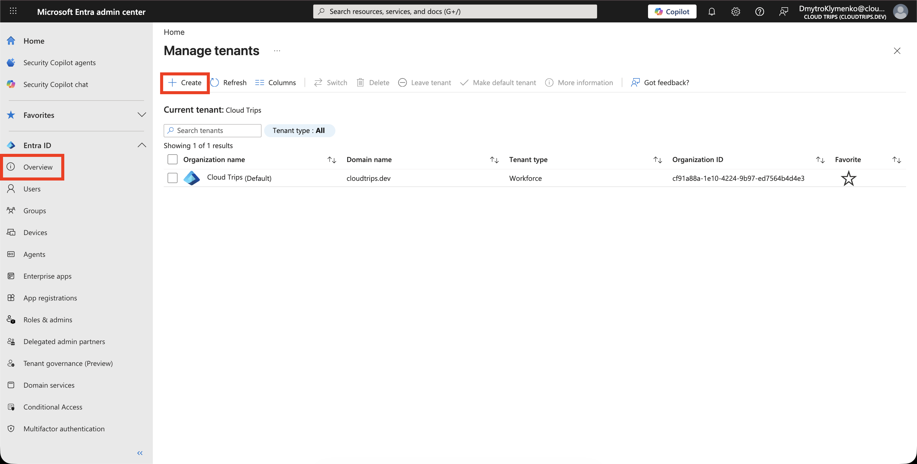 Create tenant page with Microsoft Entra External ID for customers selected