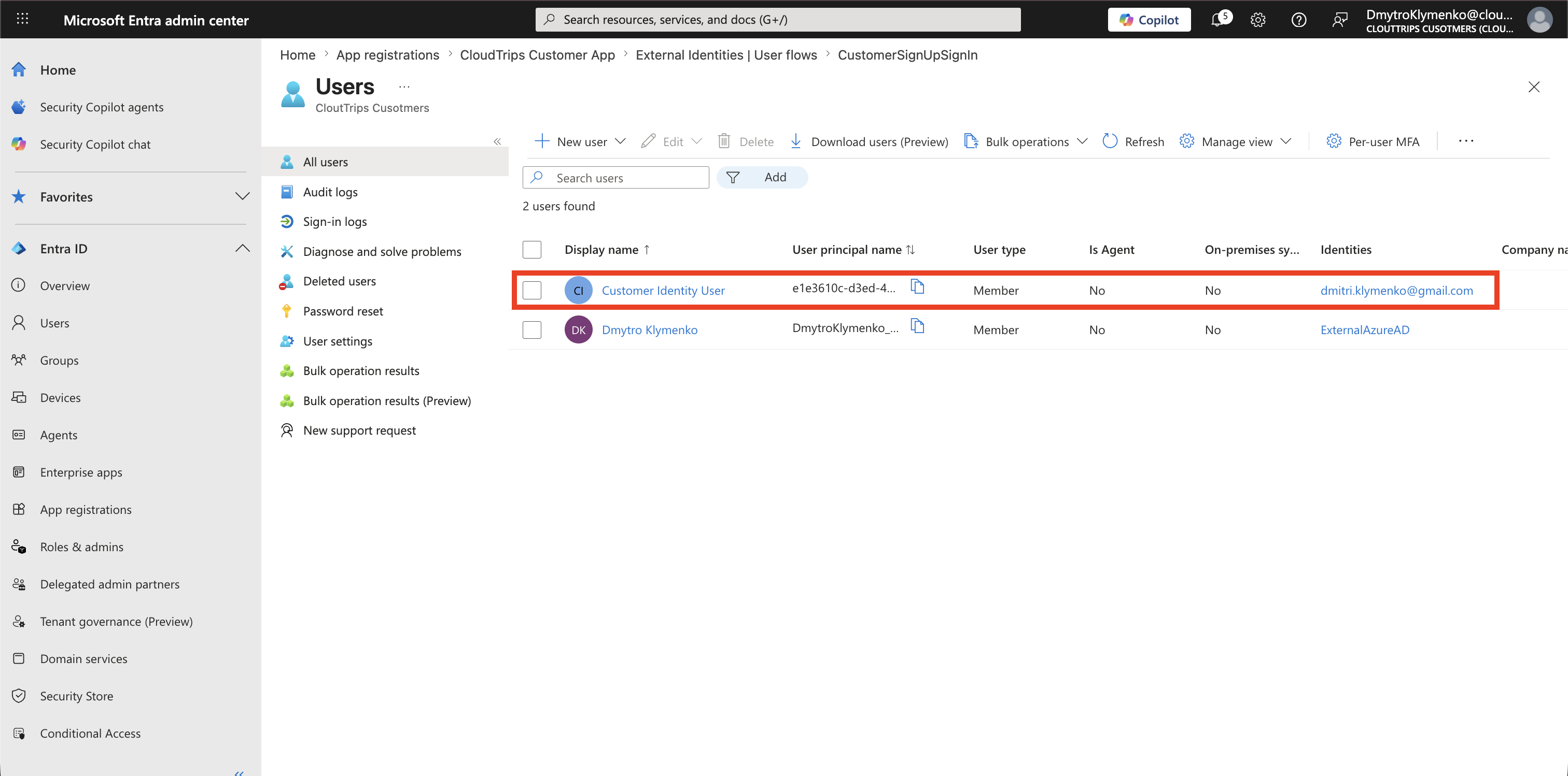 External tenant Users blade showing the new customer user