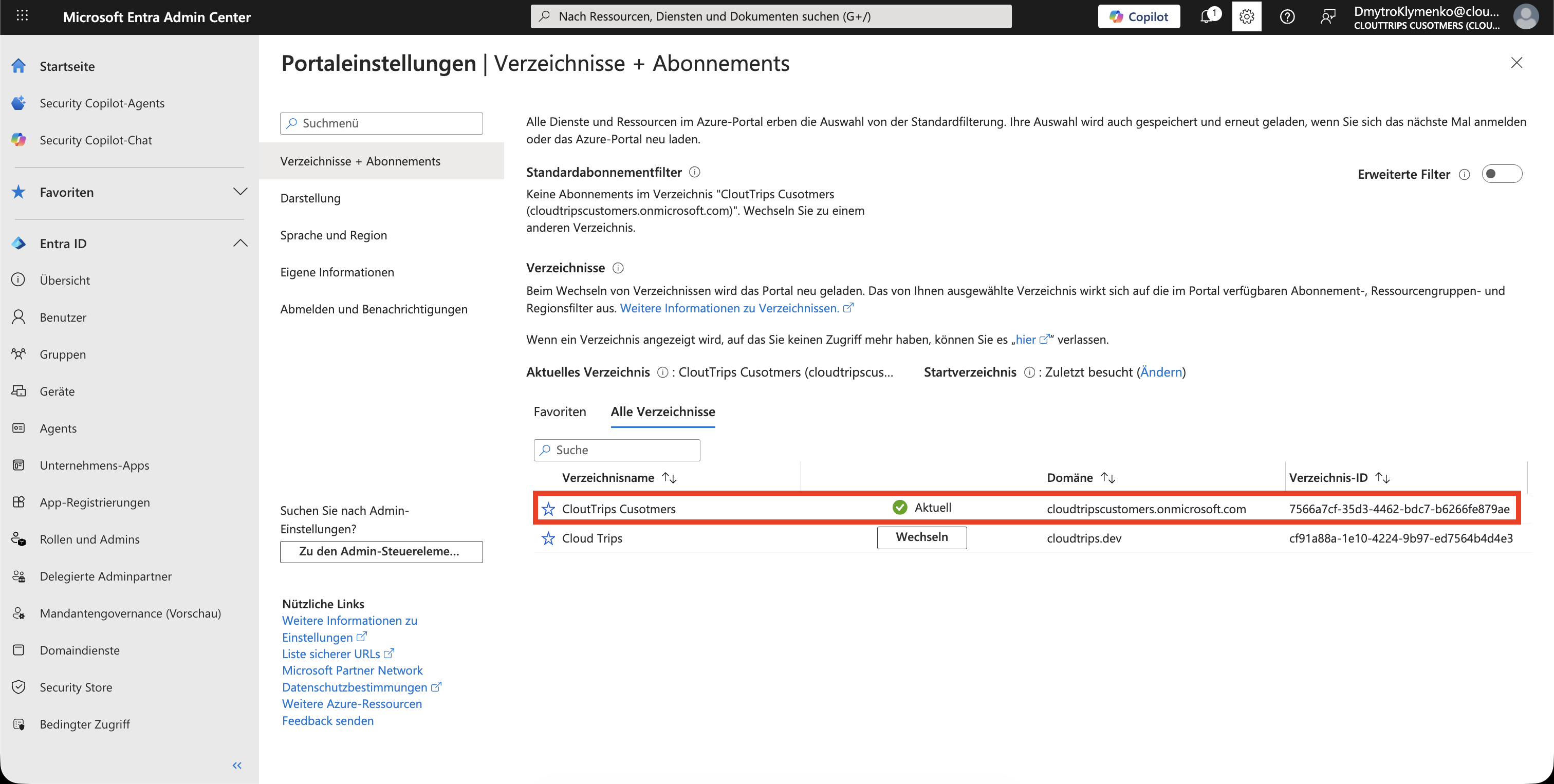 Directory switcher with the External ID customer tenant selected