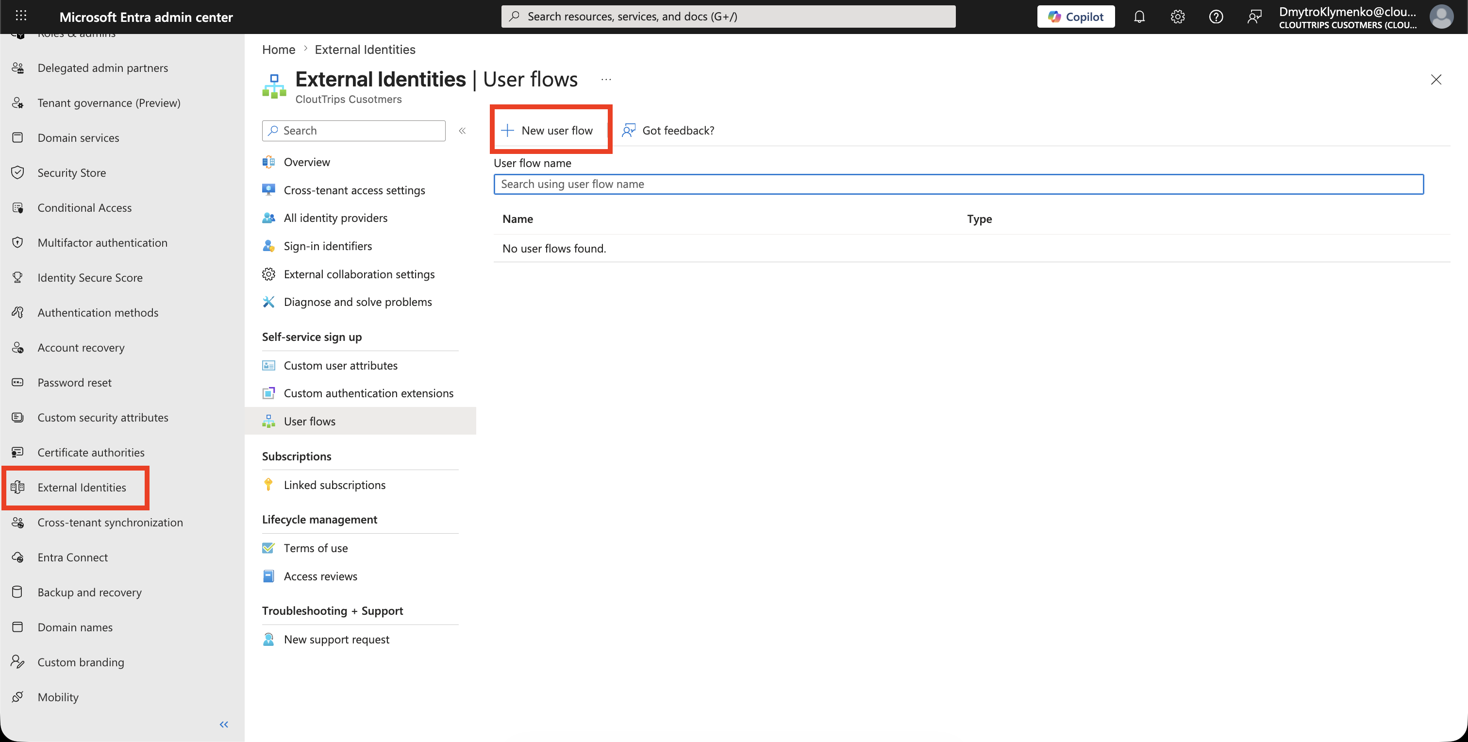 External ID User flows page with New user flow visible