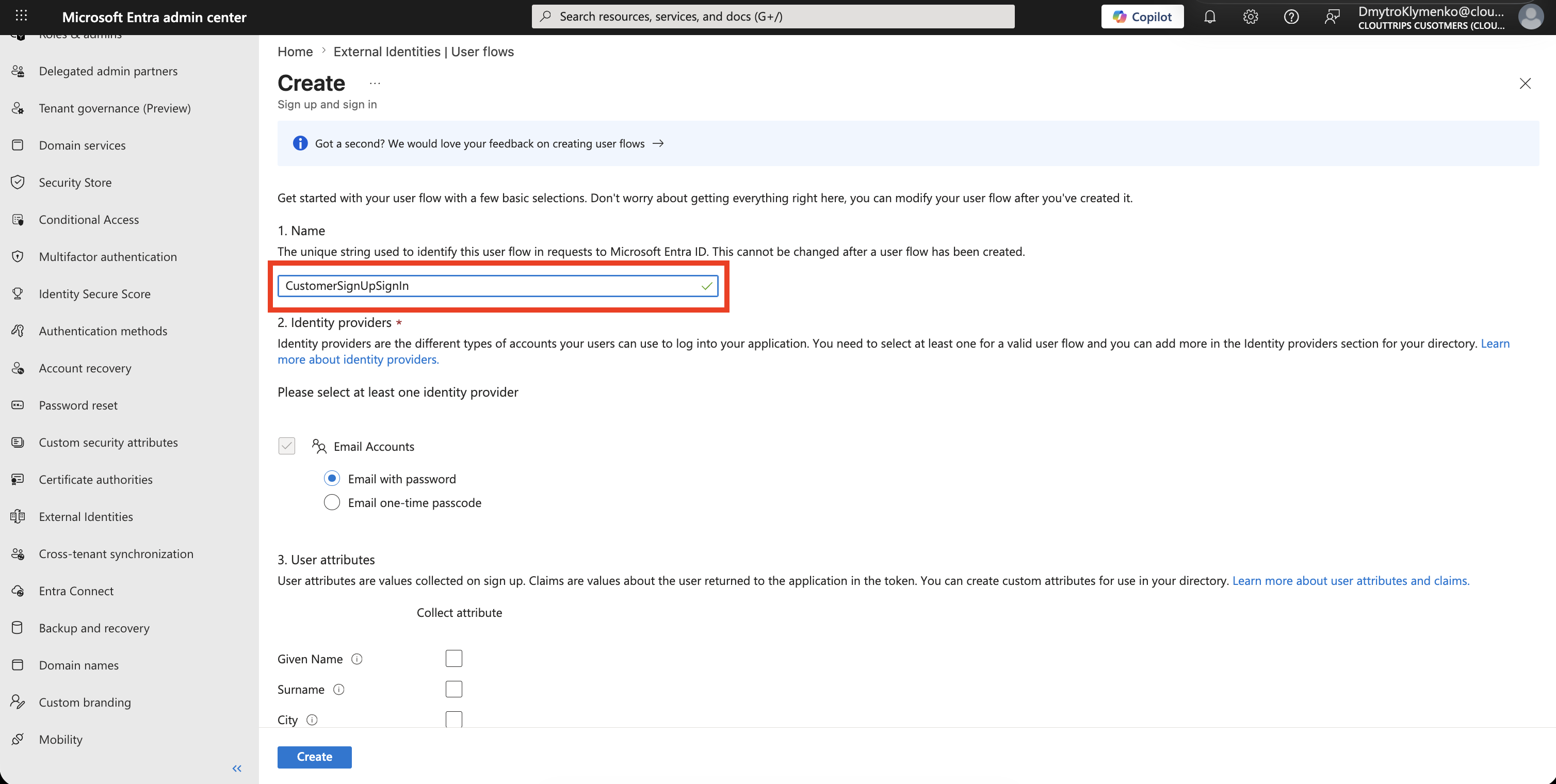 Create user flow page with sign-up and sign-in selected