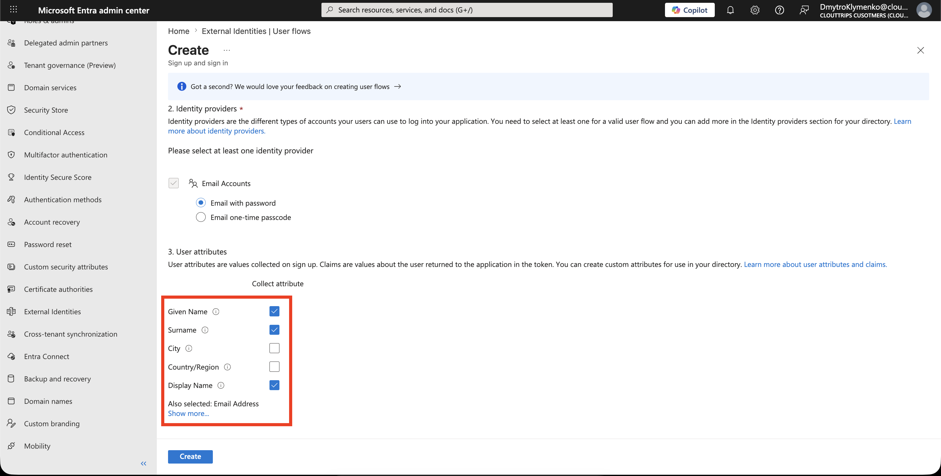 User flow attributes page with minimal customer attributes selected