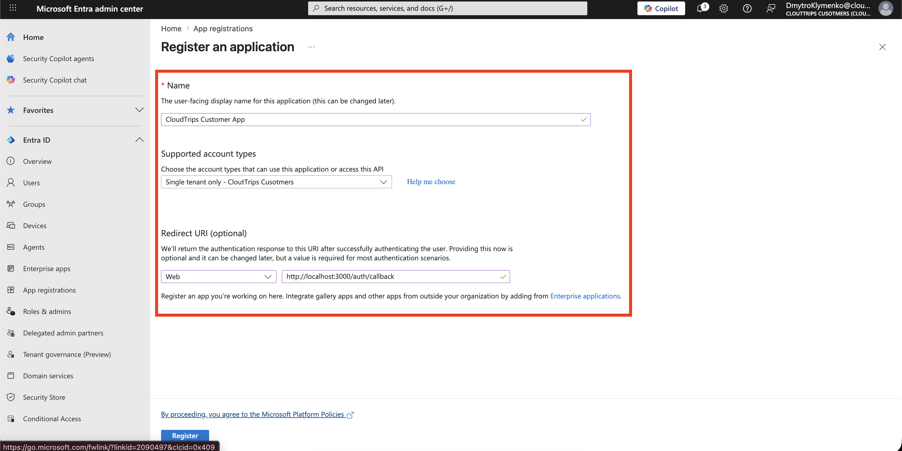 App registration page for the customer-facing application in the external tenant