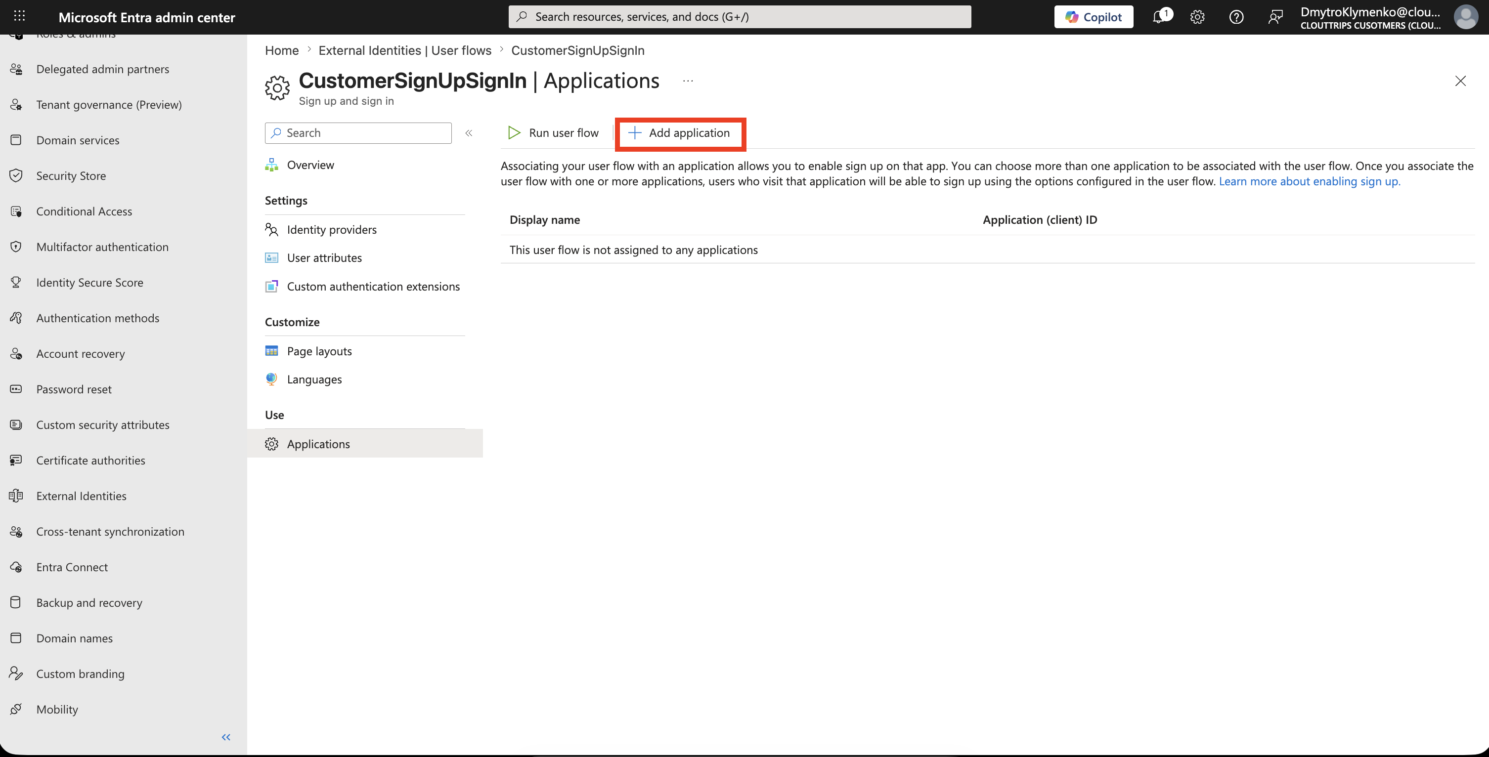 User flow Applications page with Add application selected